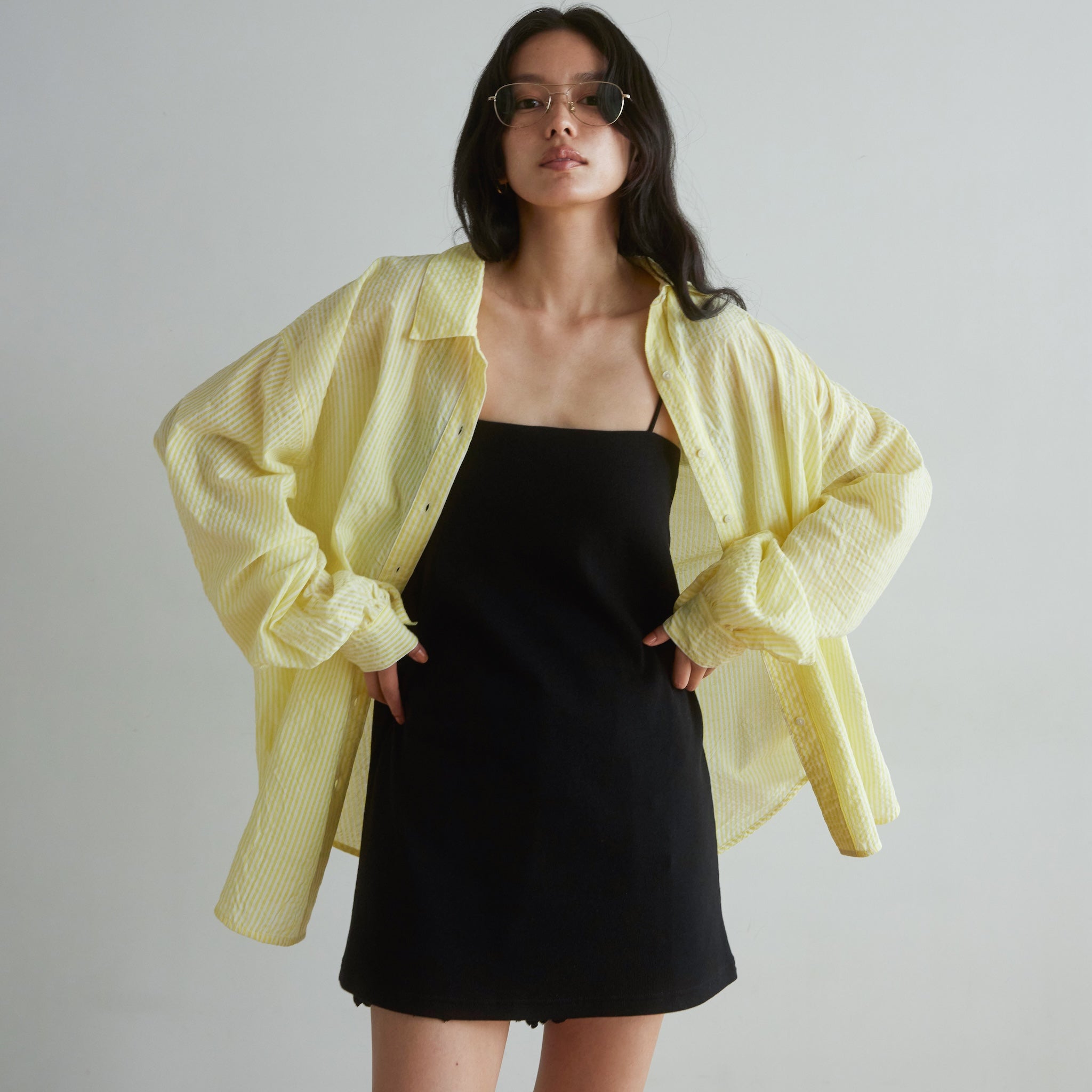 Seersuckerルーズストライプシャツ