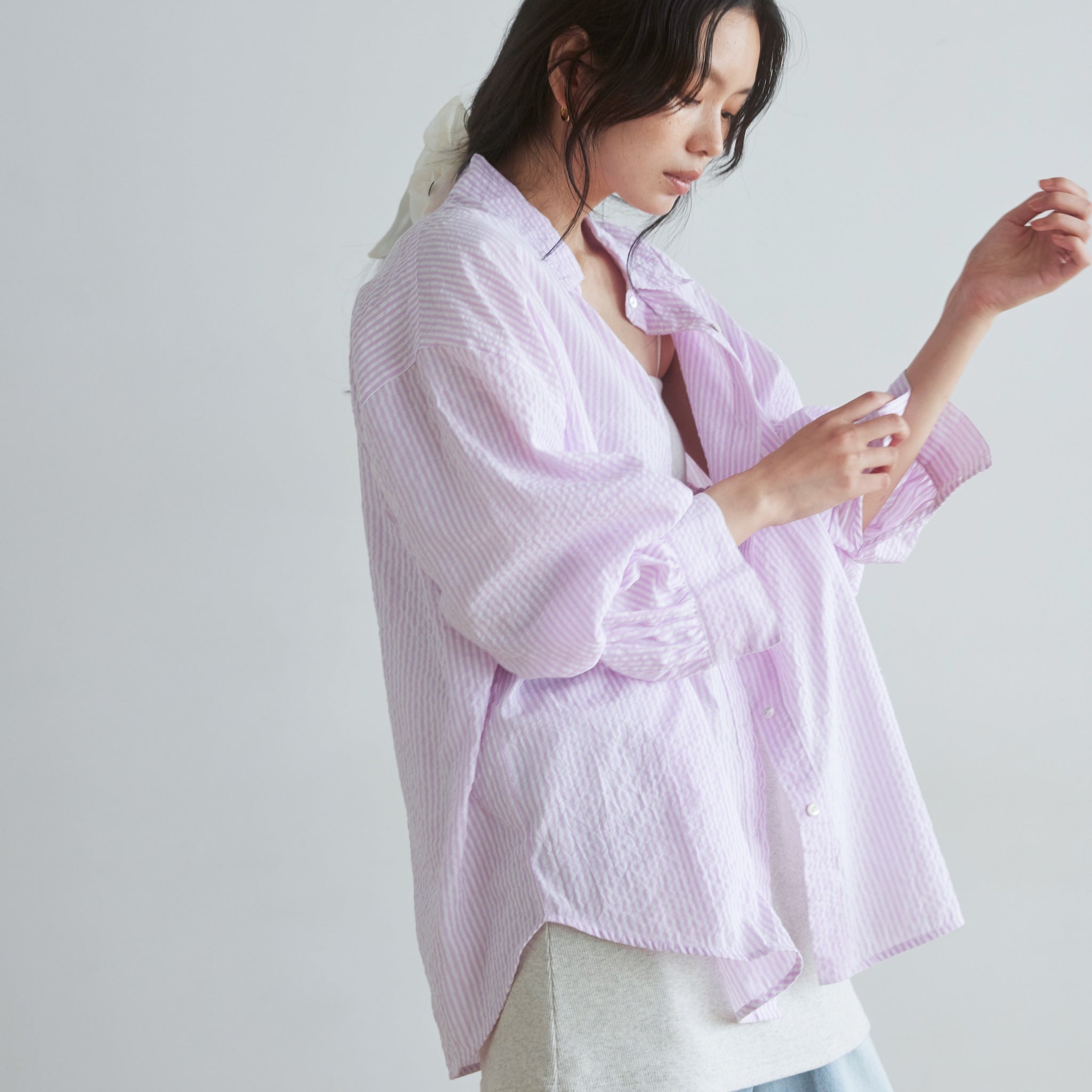 Seersuckerルーズストライプシャツ