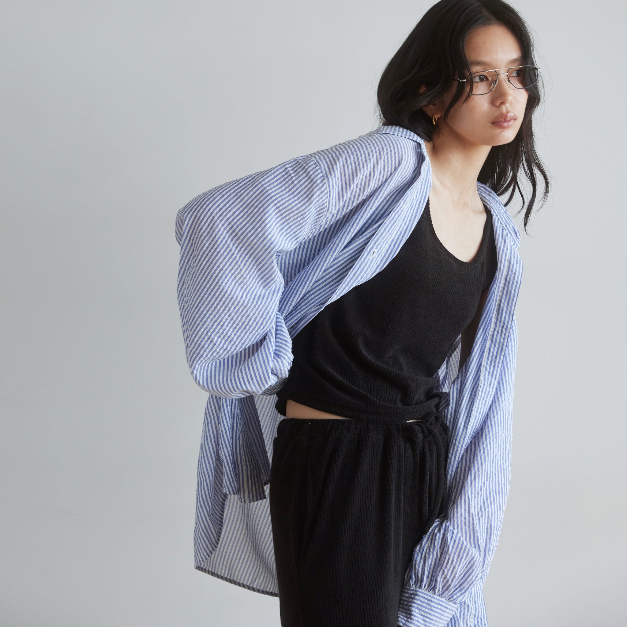 Seersuckerルーズストライプシャツ