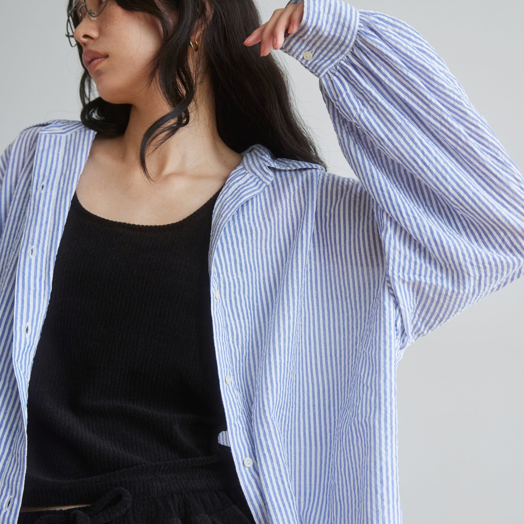 Seersuckerルーズストライプシャツ