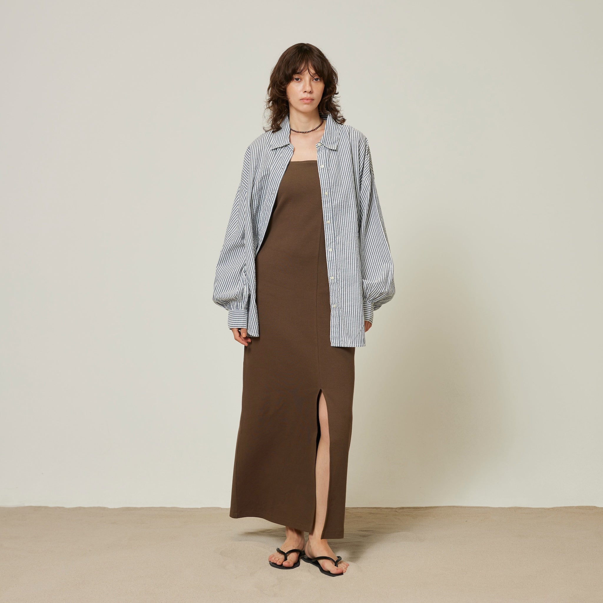 Seersuckerルーズストライプシャツ