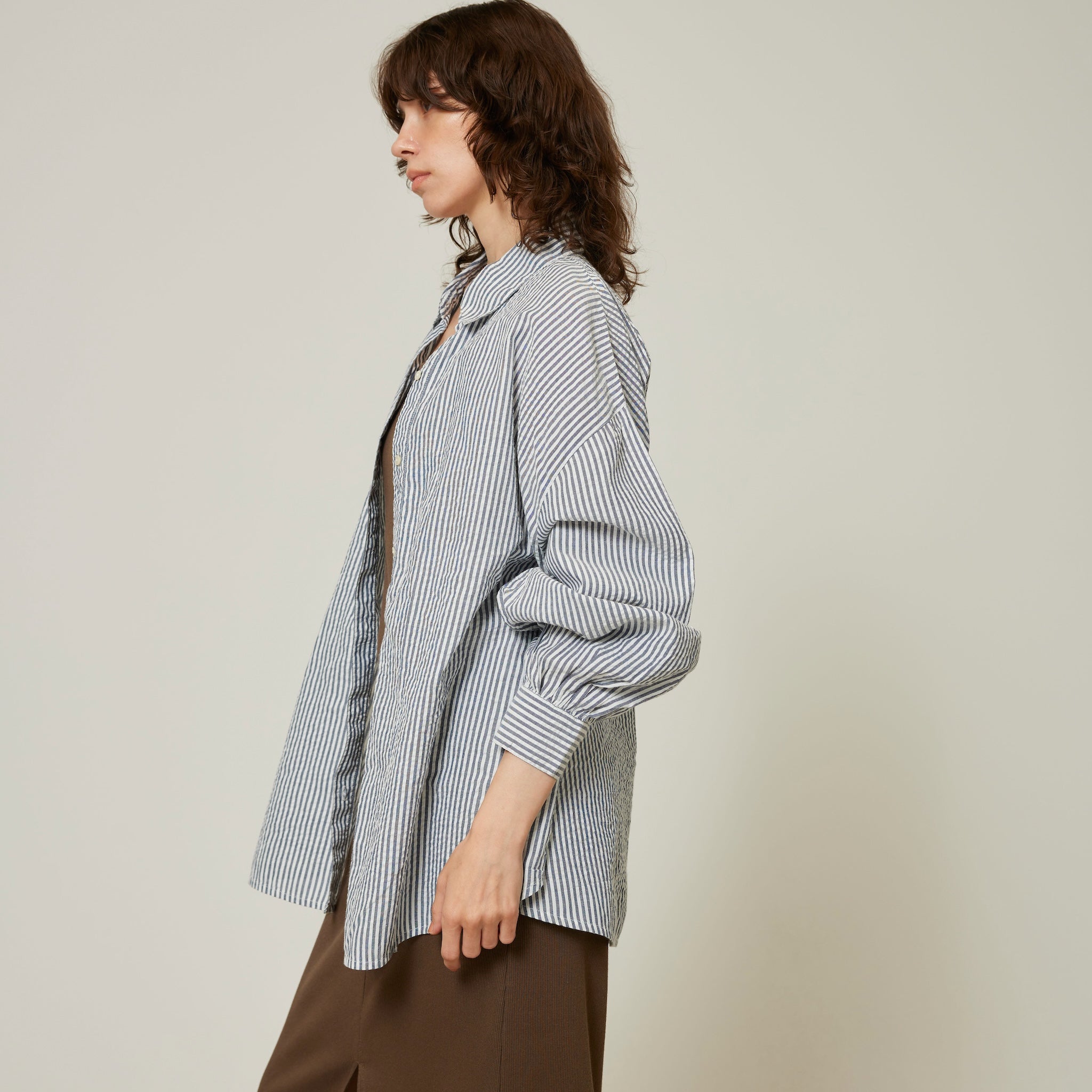 Seersuckerルーズストライプシャツ