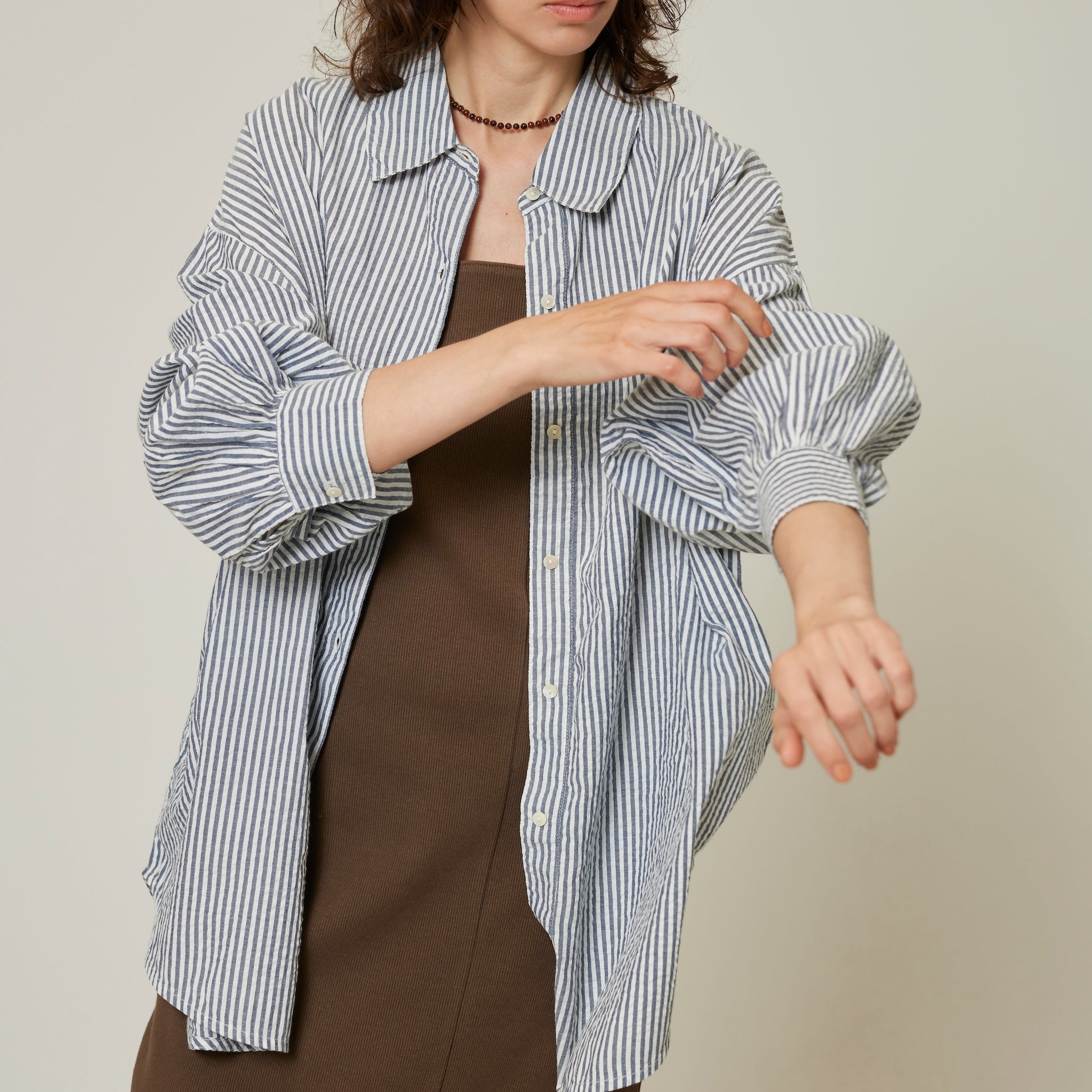 Seersuckerルーズストライプシャツ