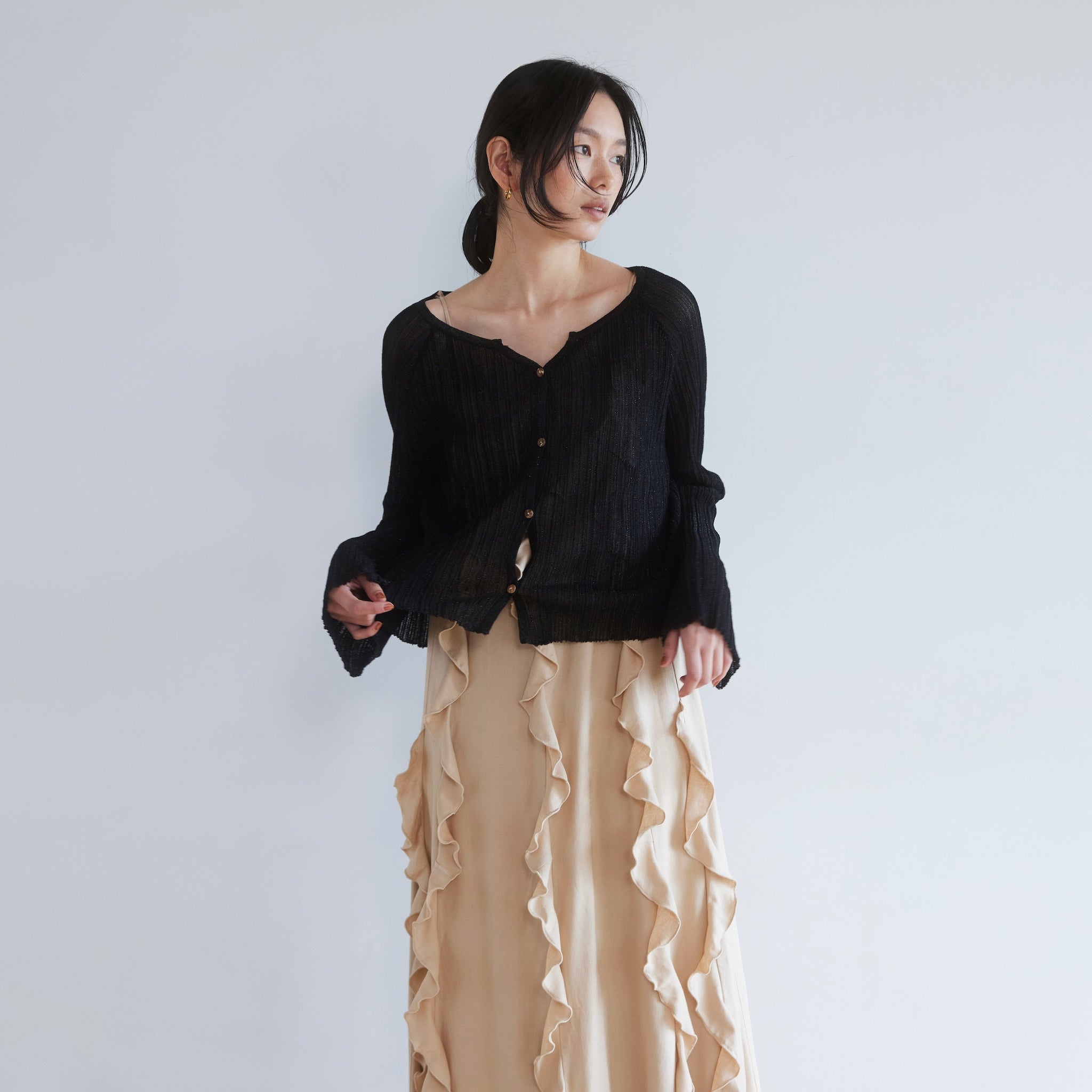 LightシアーランダムRIBショートカーデ