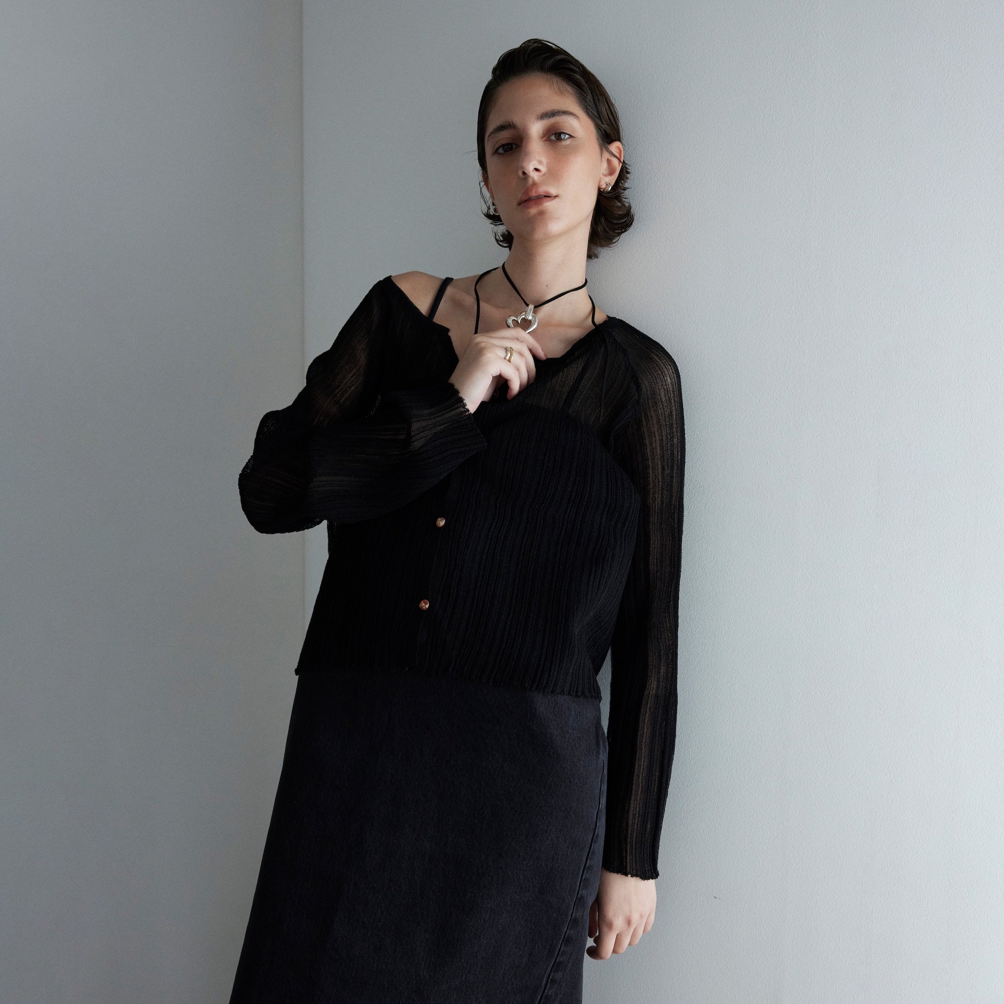 LightシアーランダムRIBショートカーデ