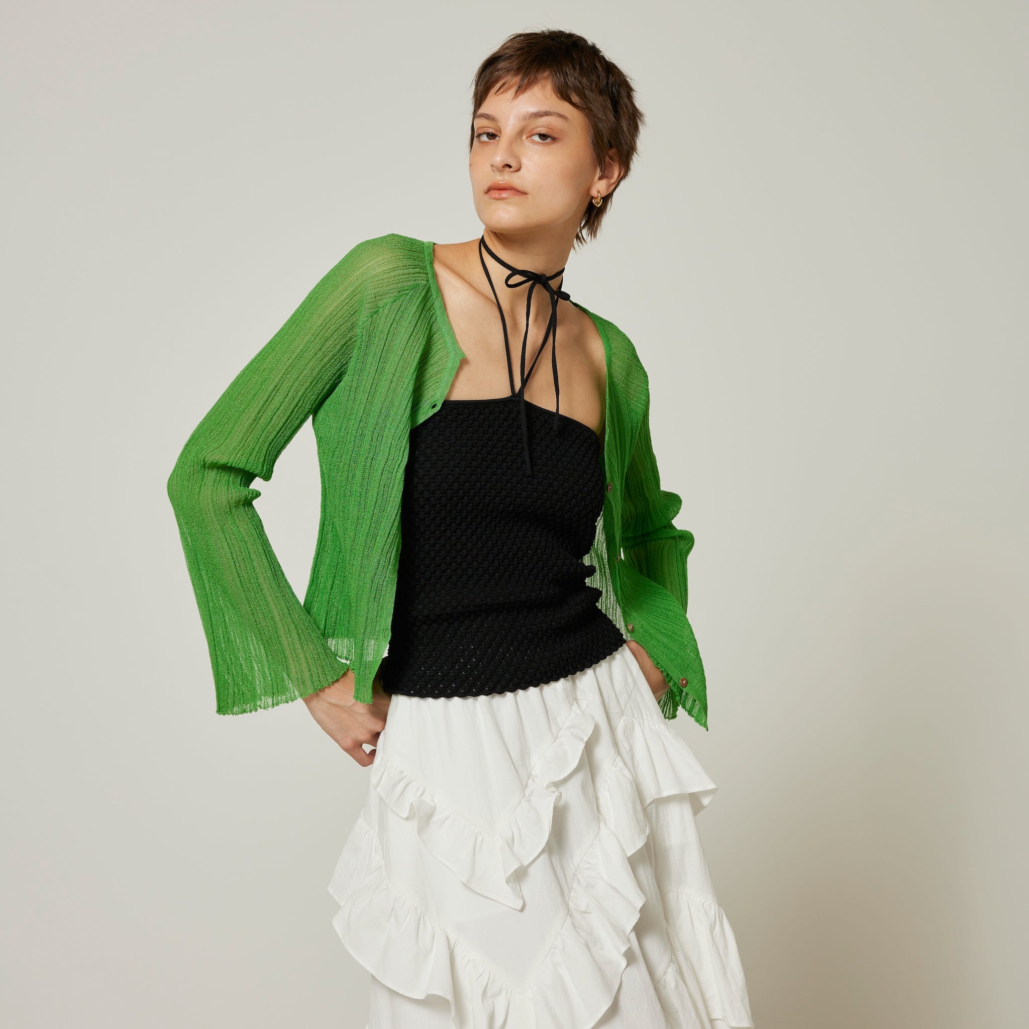 Light sheer random RIB short cardigan