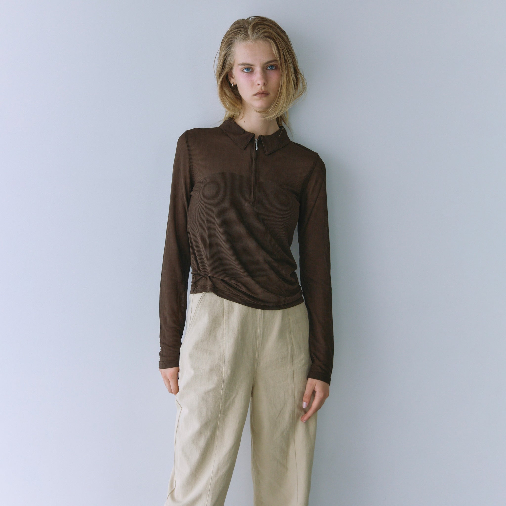 Crispy RIB Sheer half zip polo shirt