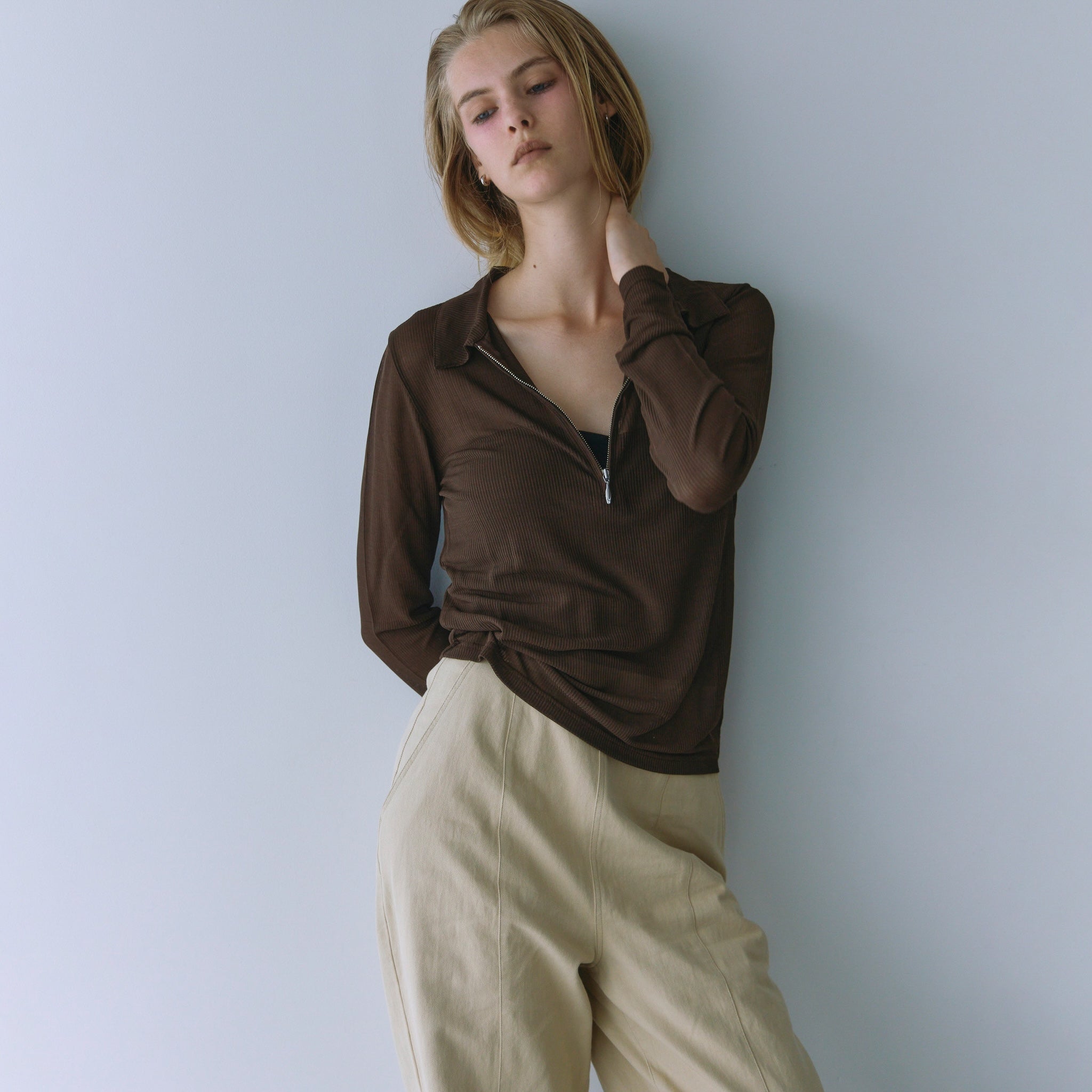 Crispy RIB Sheer half zip polo shirt