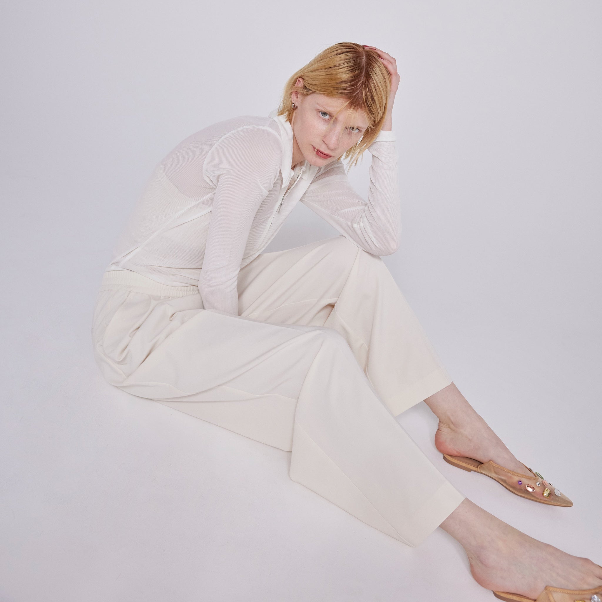 Crispy RIB Sheer half zip polo shirt