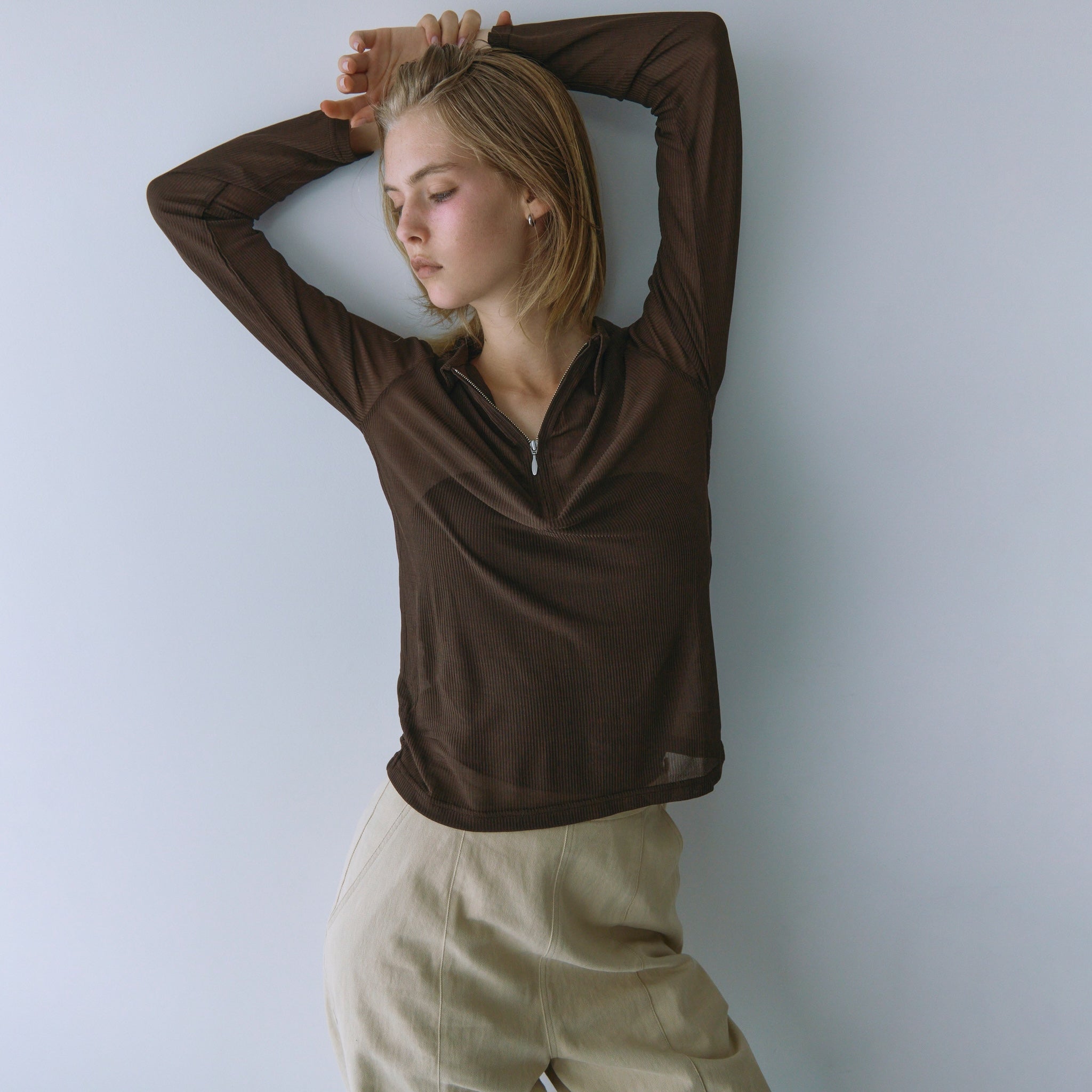 Crispy RIB Sheer half zip polo shirt