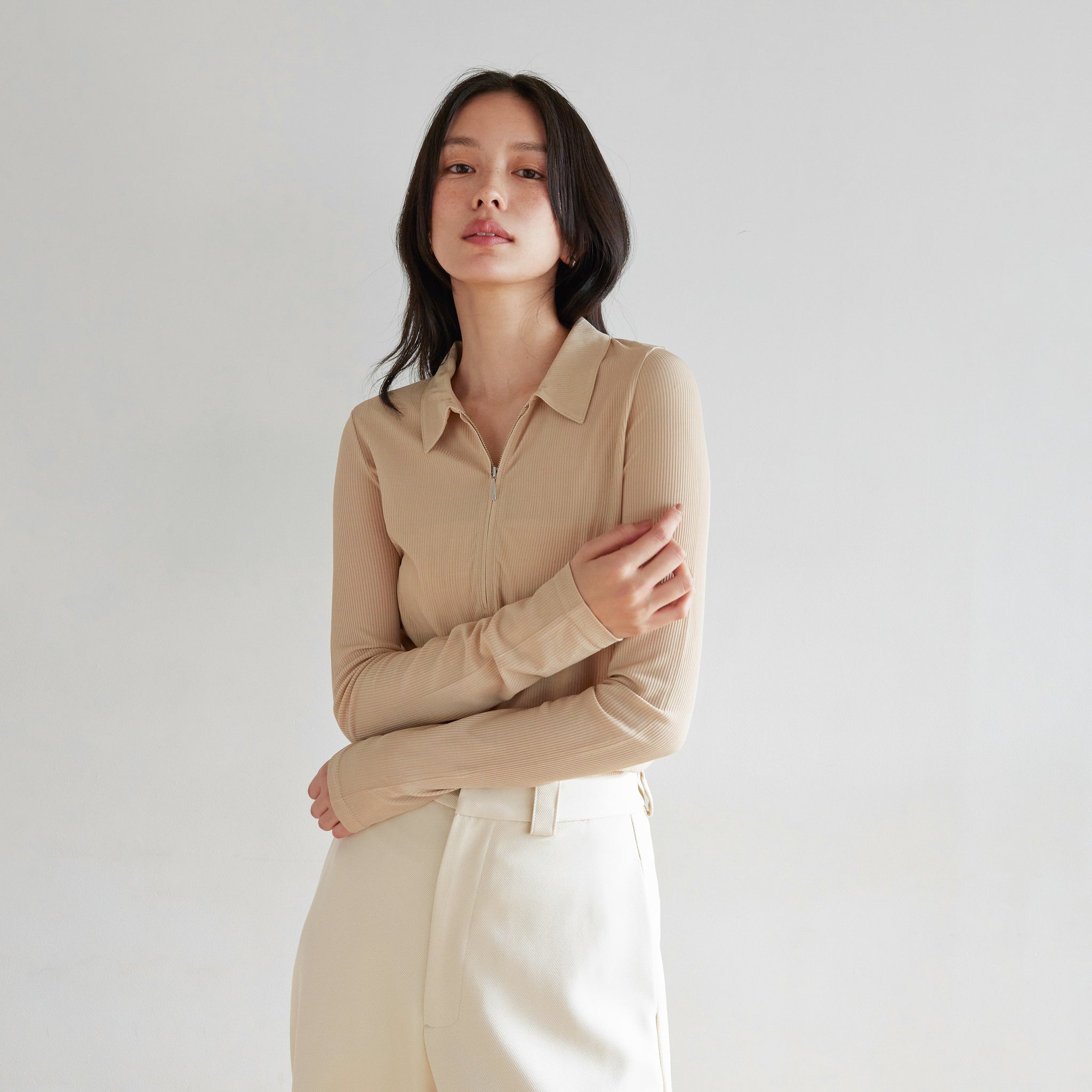 Crispy RIB Sheer half zip polo shirt