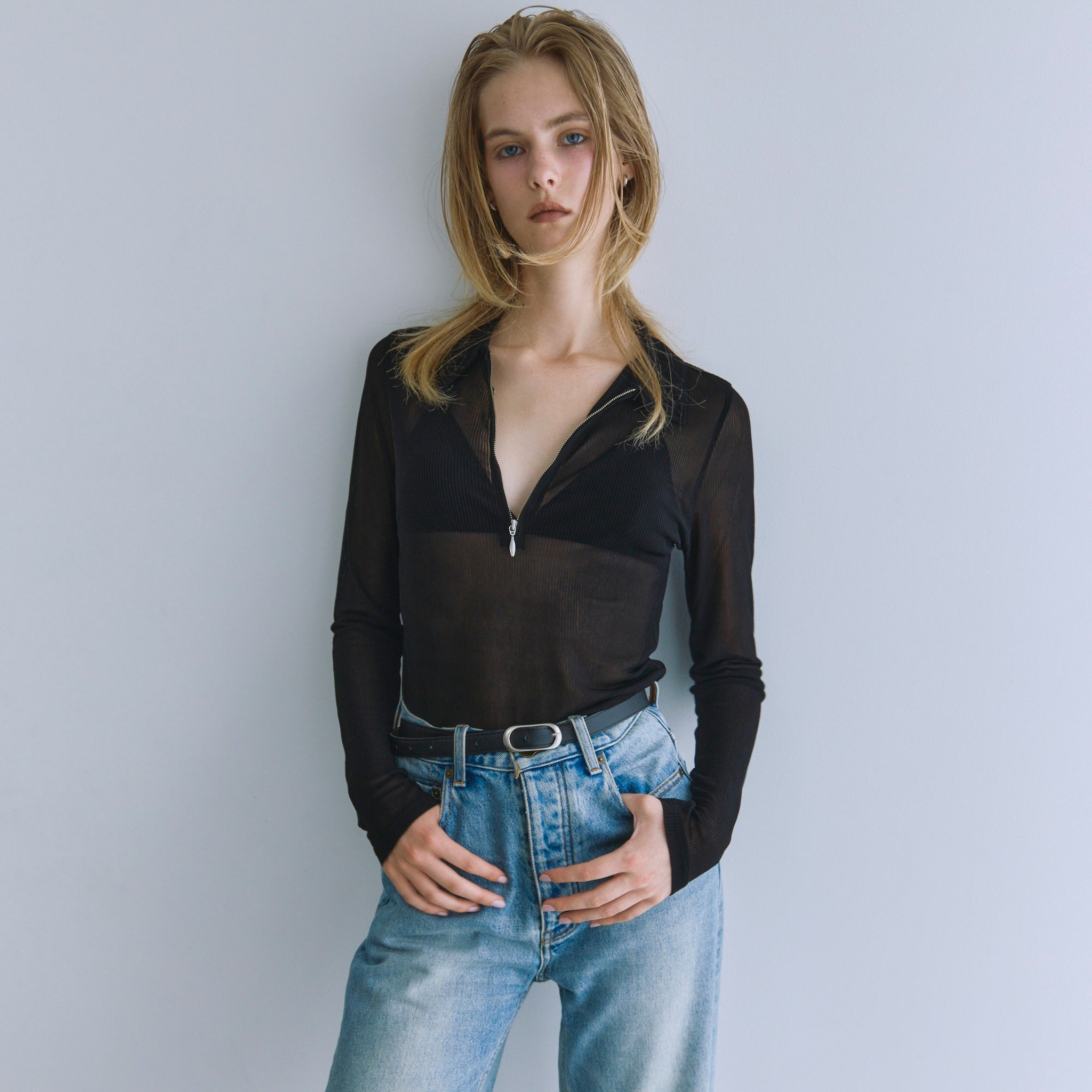 Crispy RIB Sheer half zip polo shirt