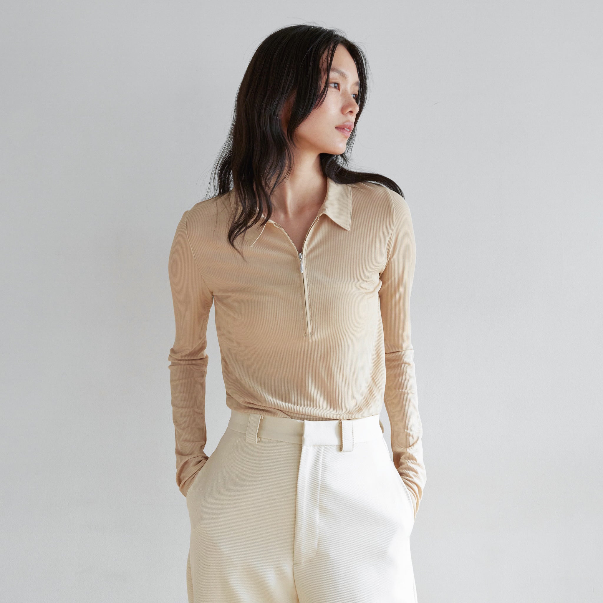 Crispy RIB Sheer half zip polo shirt