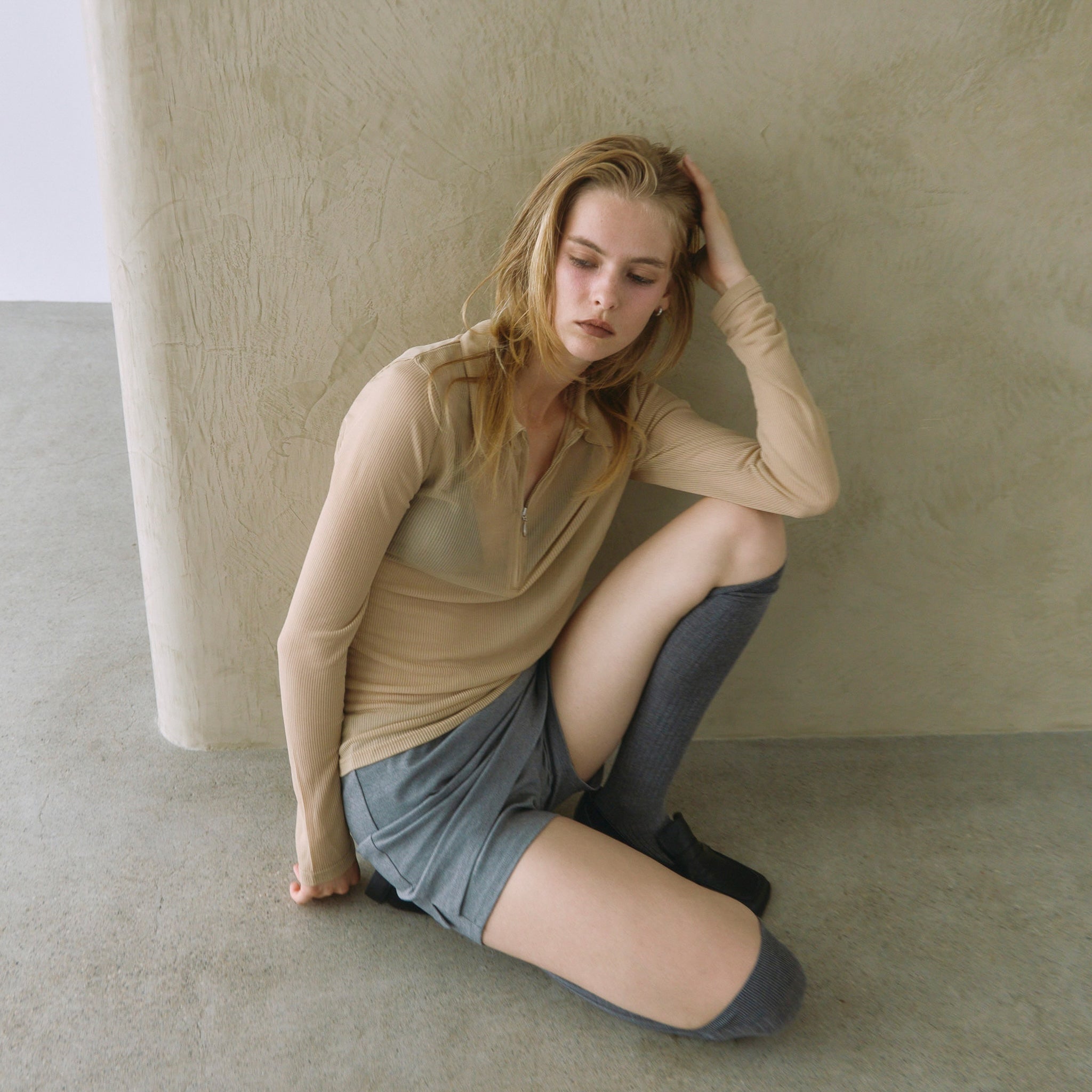 Crispy RIB Sheer half zip polo shirt