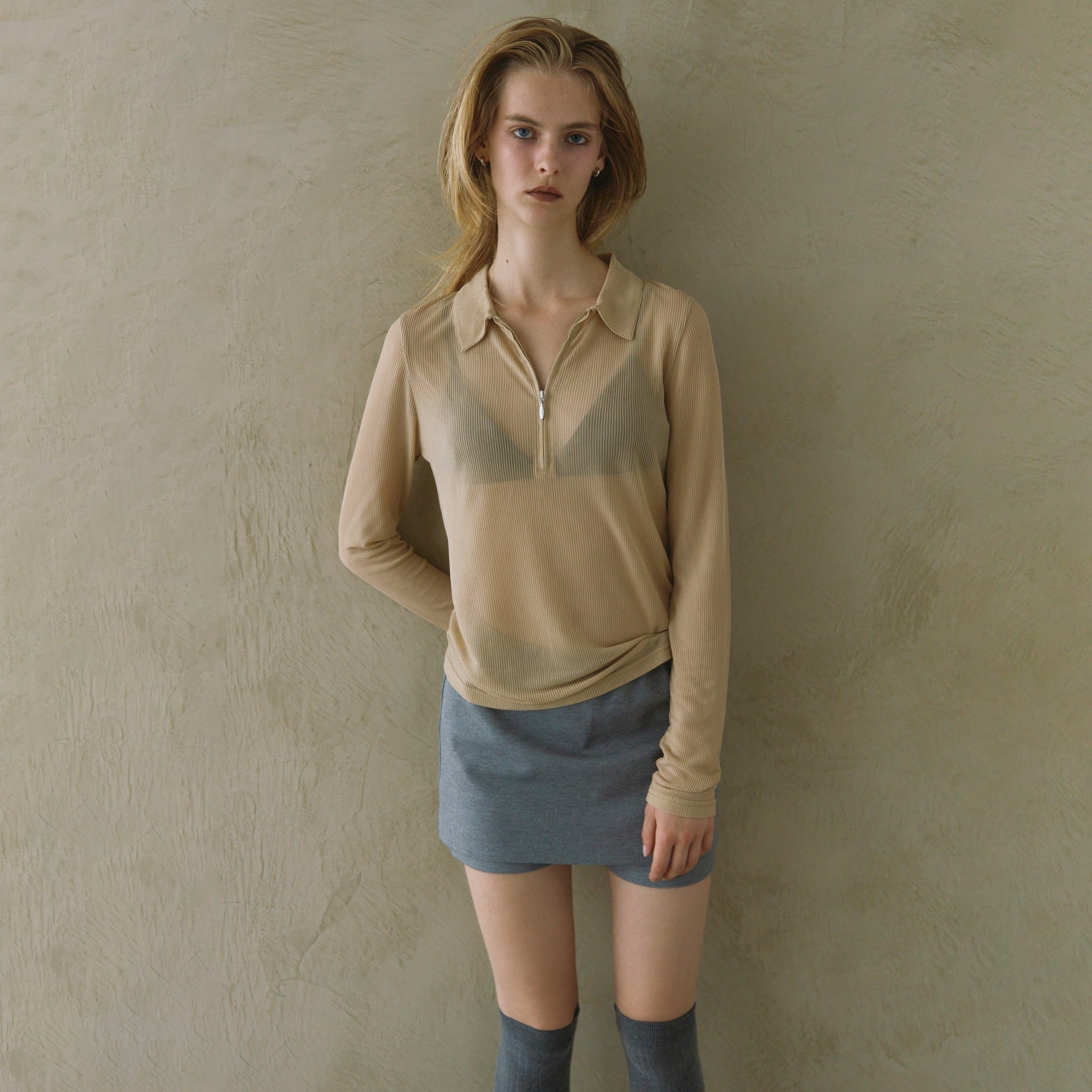 Crispy RIB Sheer half zip polo shirt