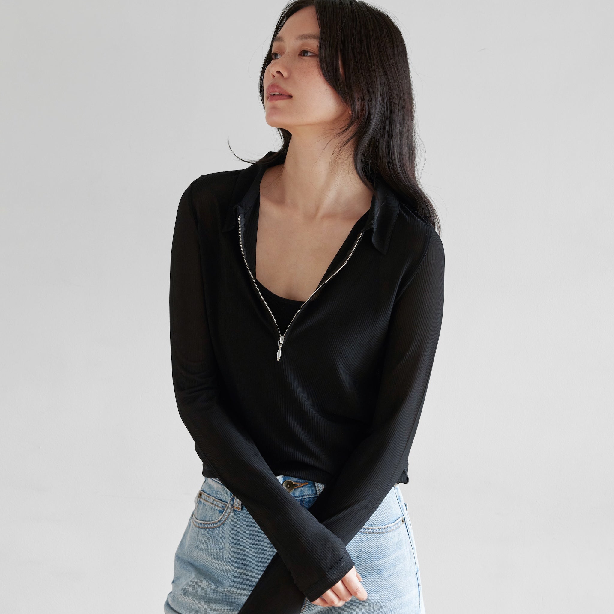 Crispy RIB Sheer half zip polo shirt