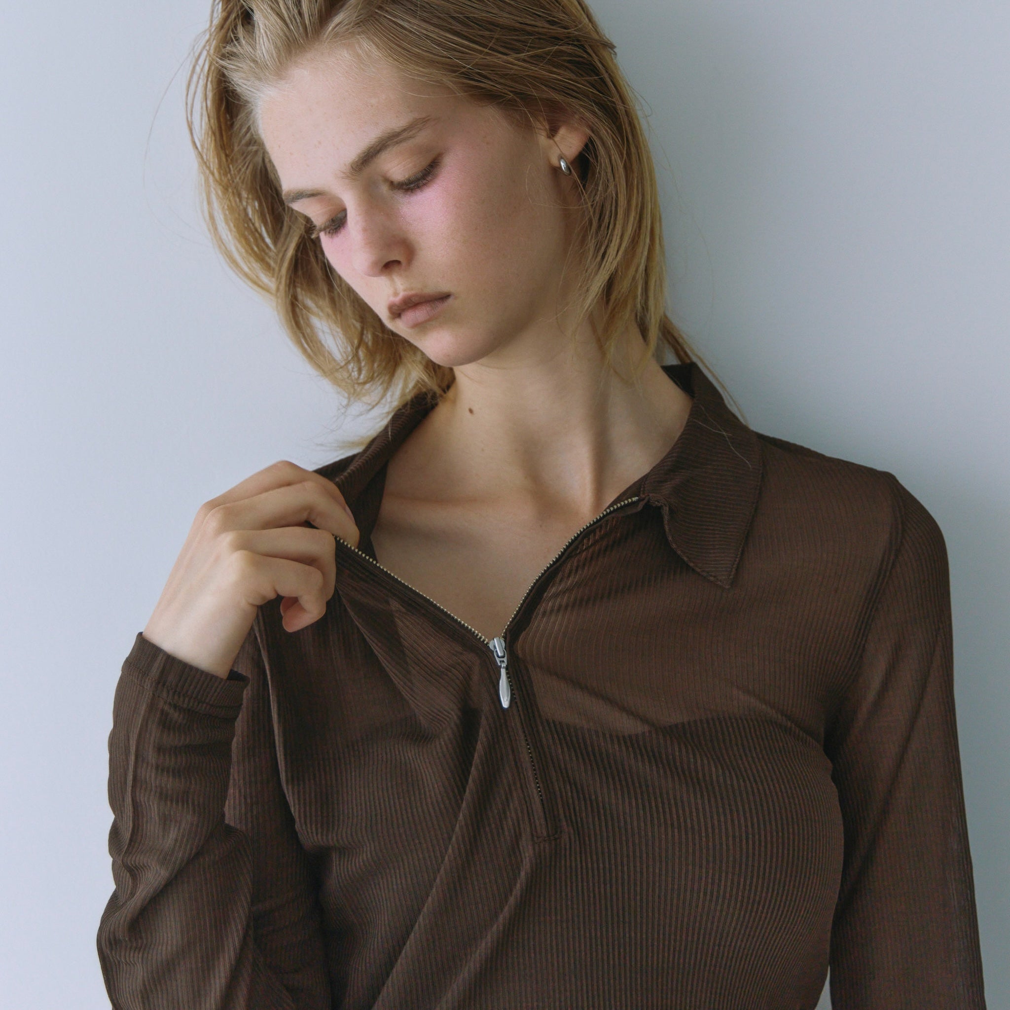 Crispy RIB Sheerハーフzipポロシャツ