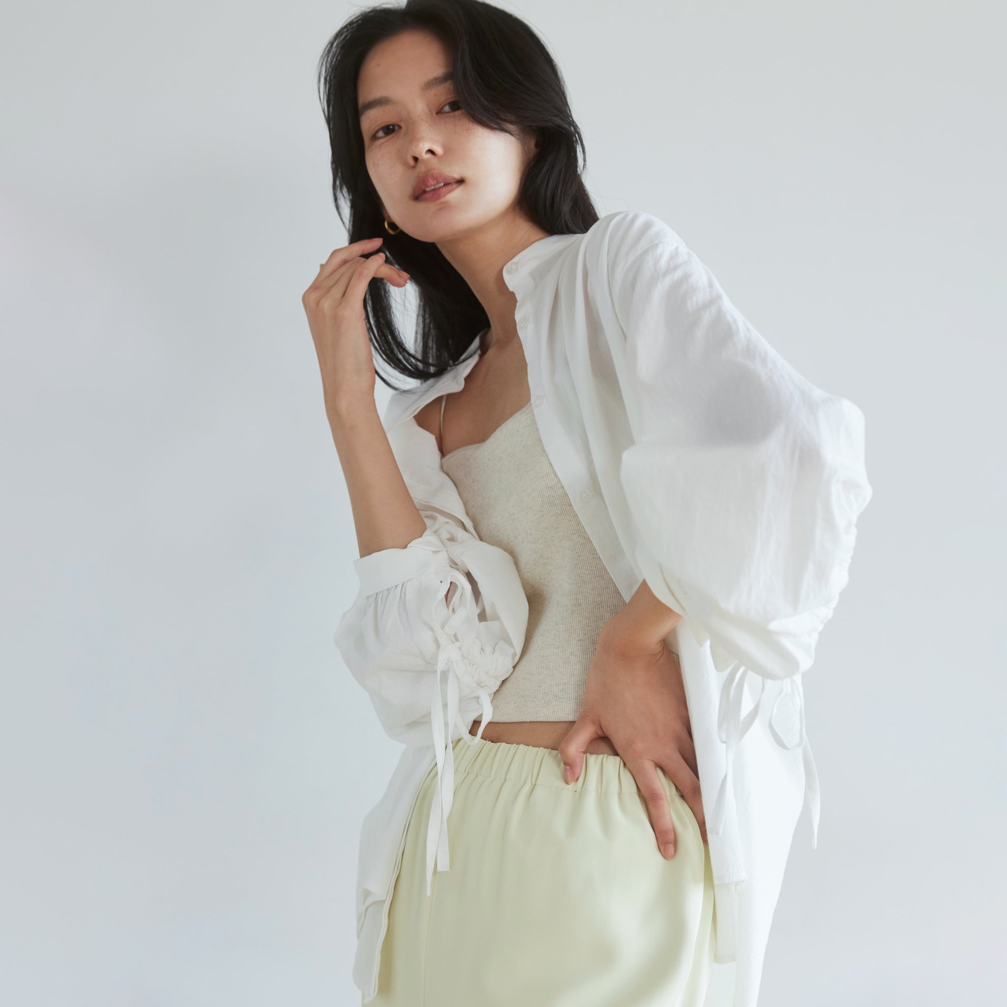 Cotton Washスリーブギャザーシャツ