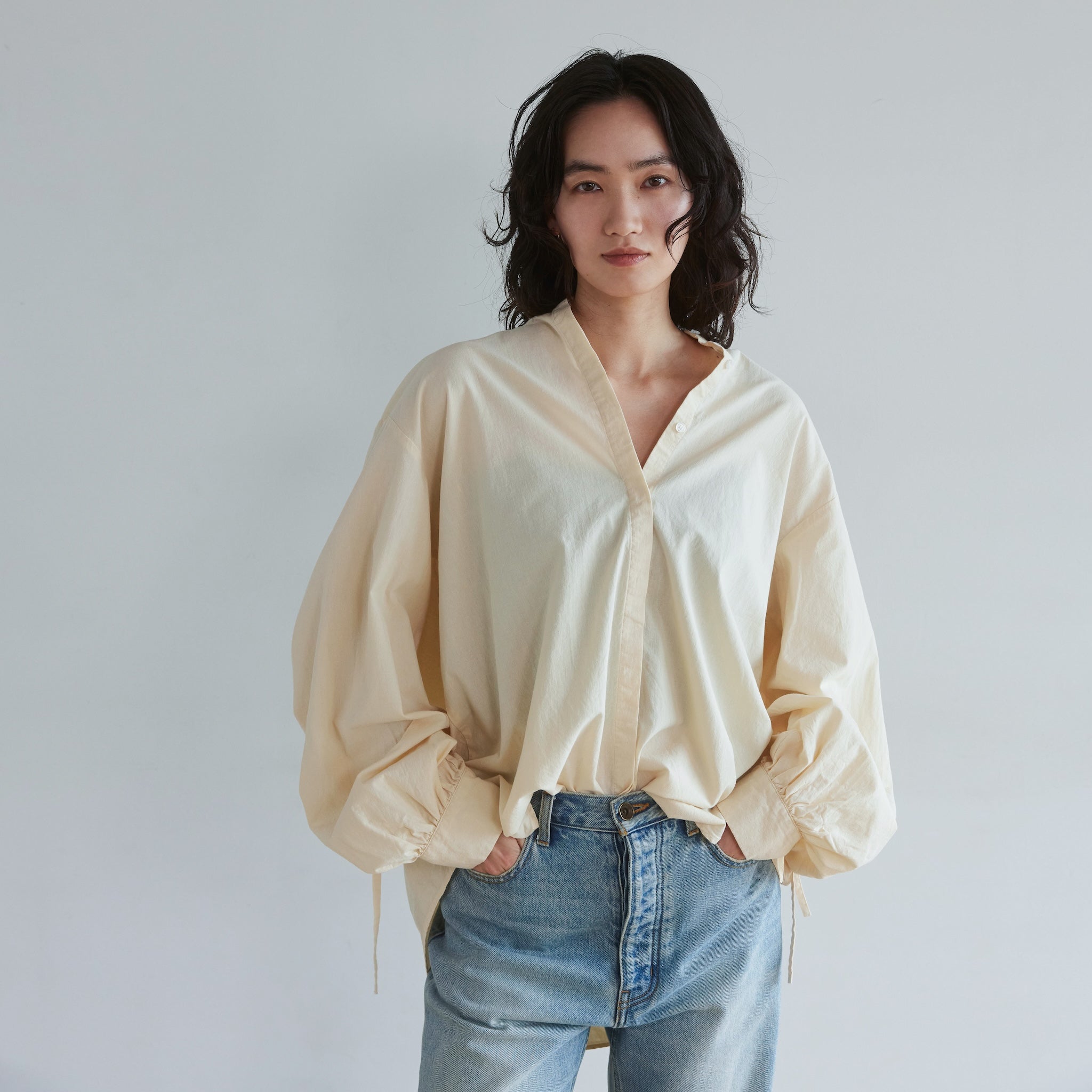 Cotton Washスリーブギャザーシャツ