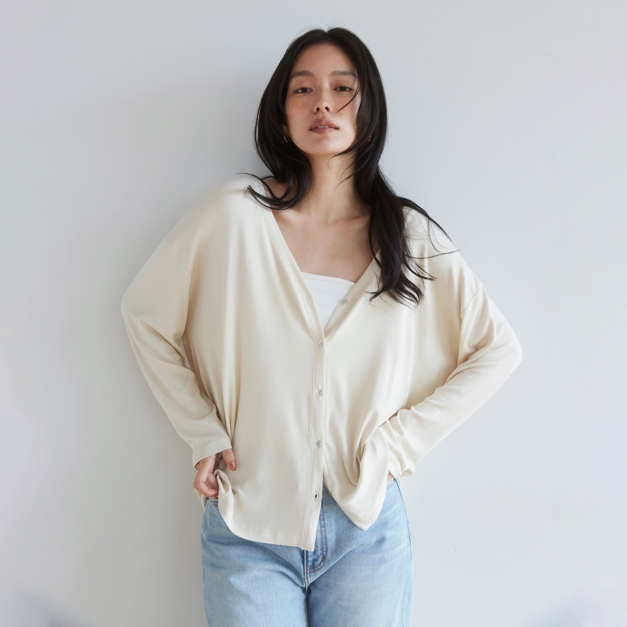 RIB over V-neck cardigan