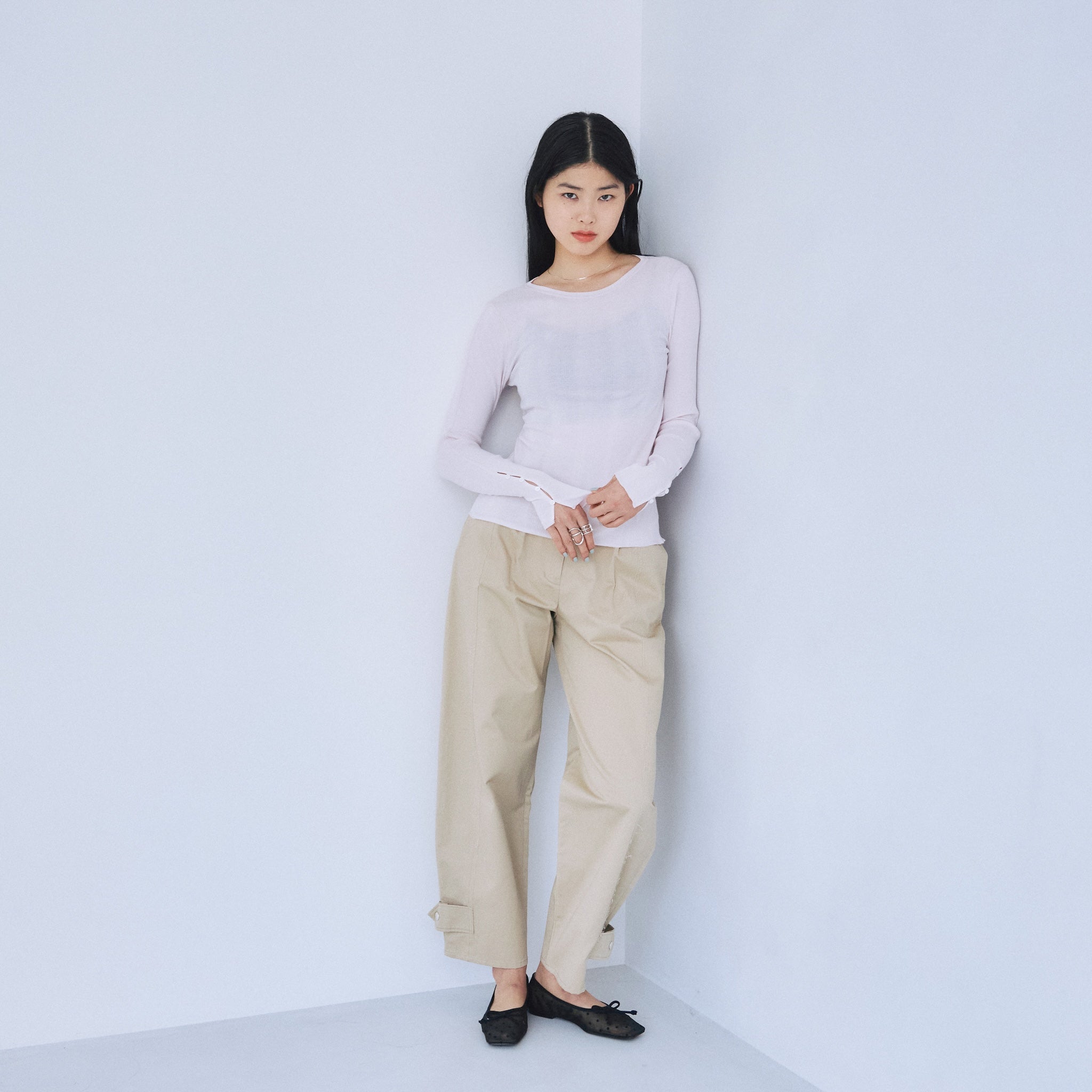 Soft sheer random rib cuffs top