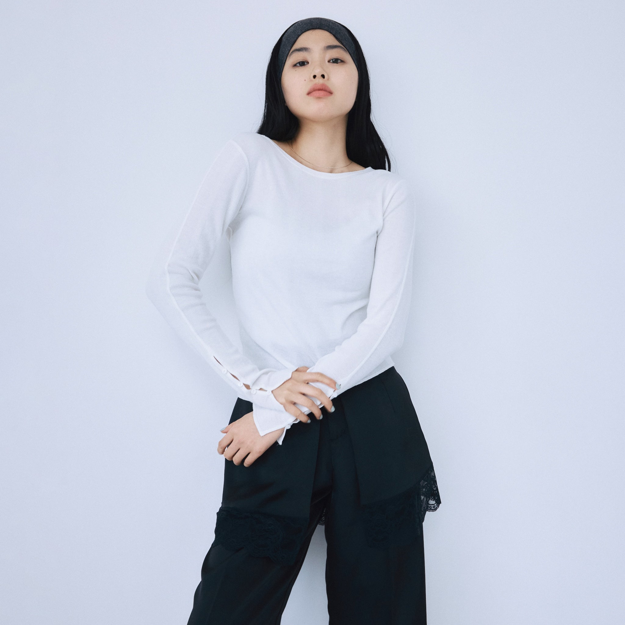 Soft sheer random rib cuffs top