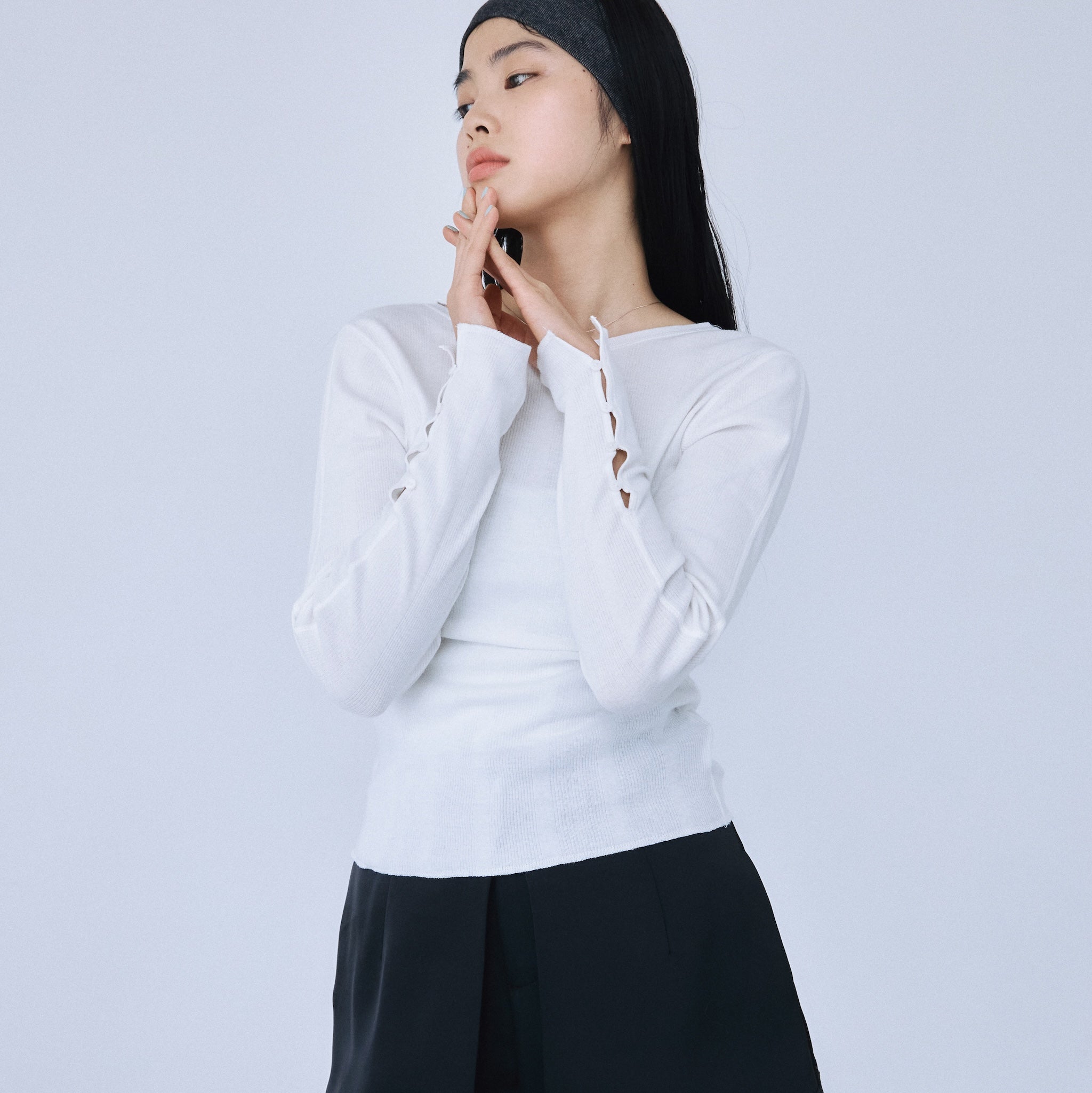 Soft sheer random rib cuffs top