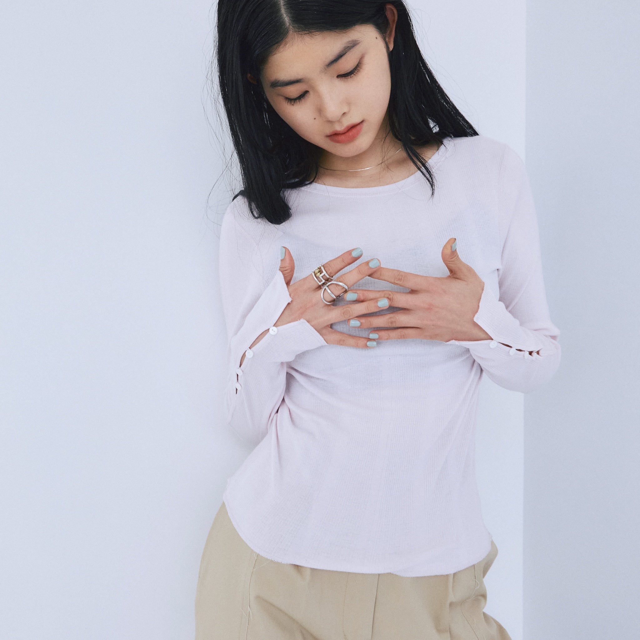 Soft sheerランダムRIB Cuffsトップス