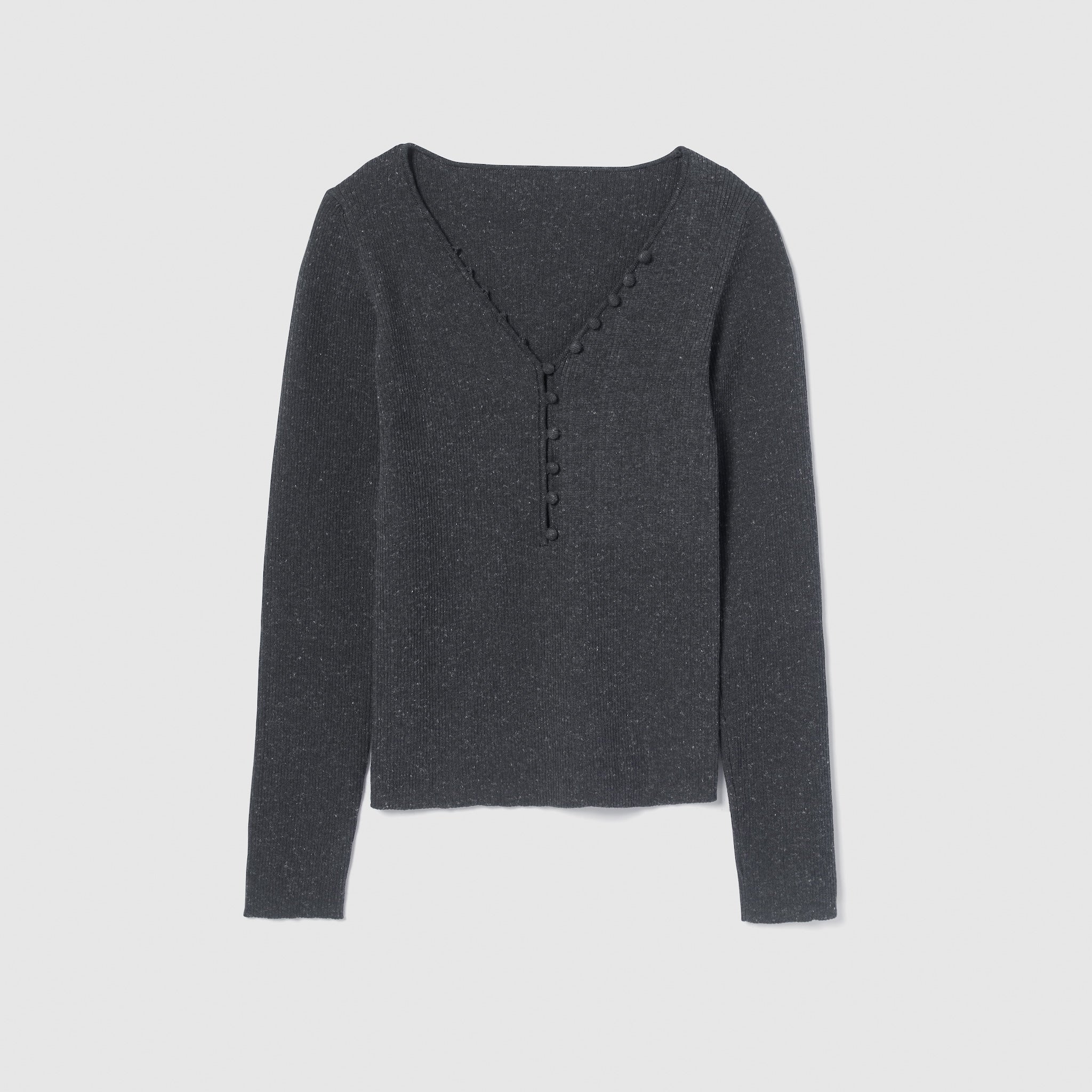 Linen combination V-cut Petit button knit