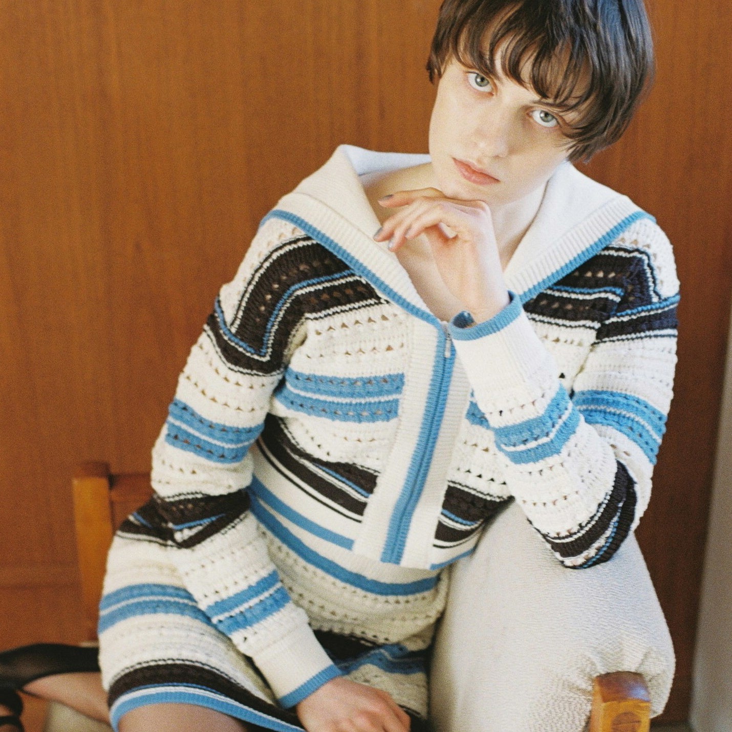 Sailor collar knit zip cardigan