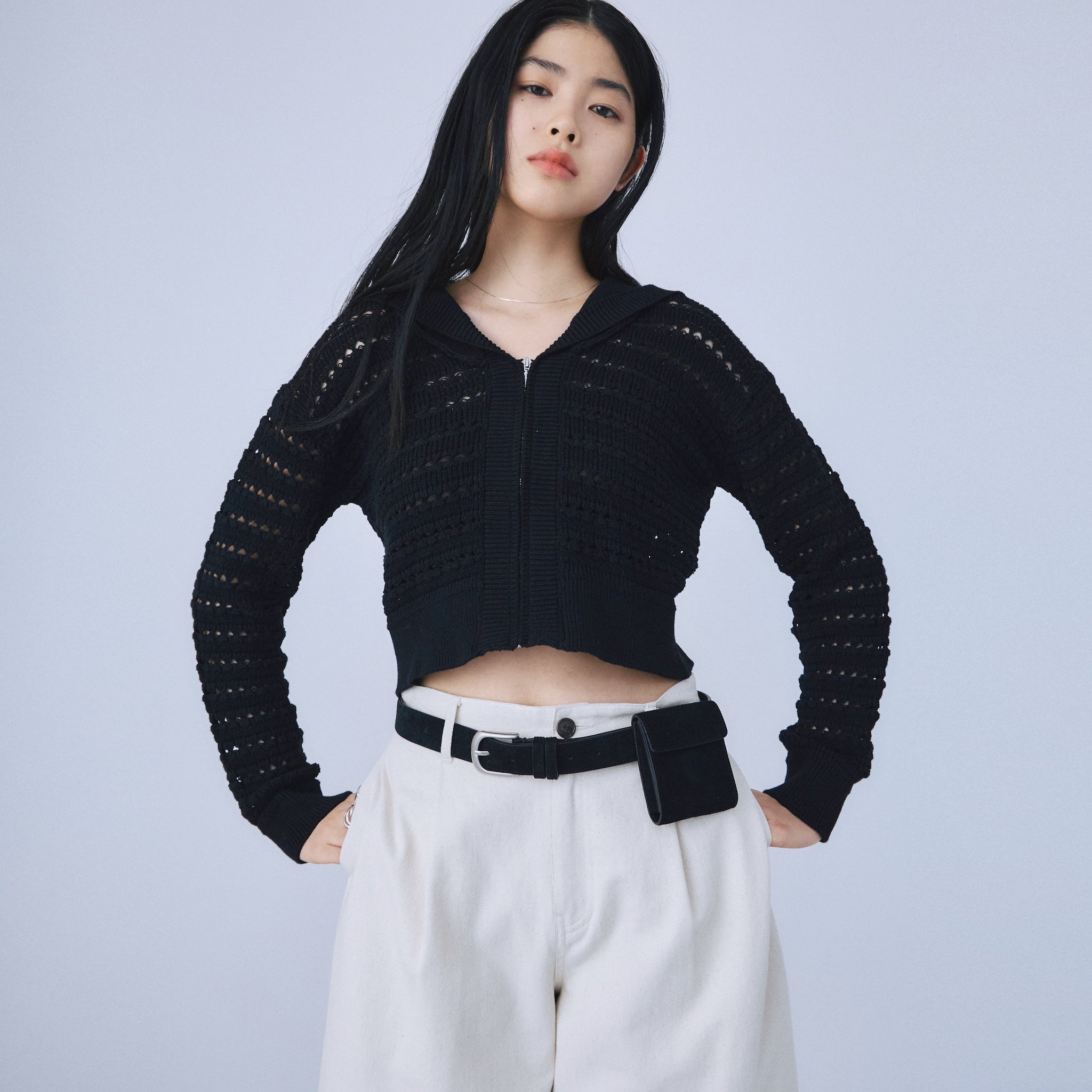 Sailor collar knit zip cardigan