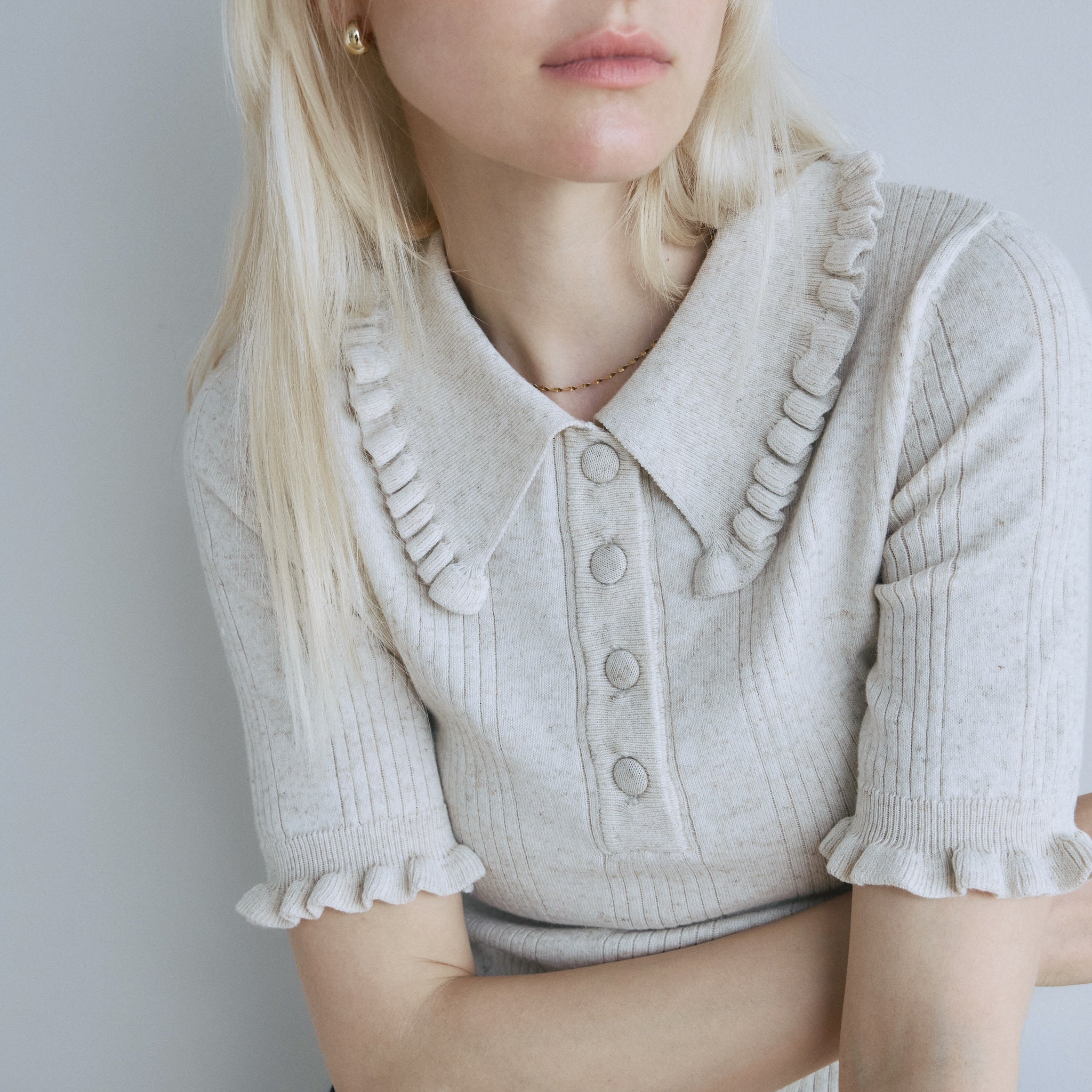 Linen combination FRILL polo top