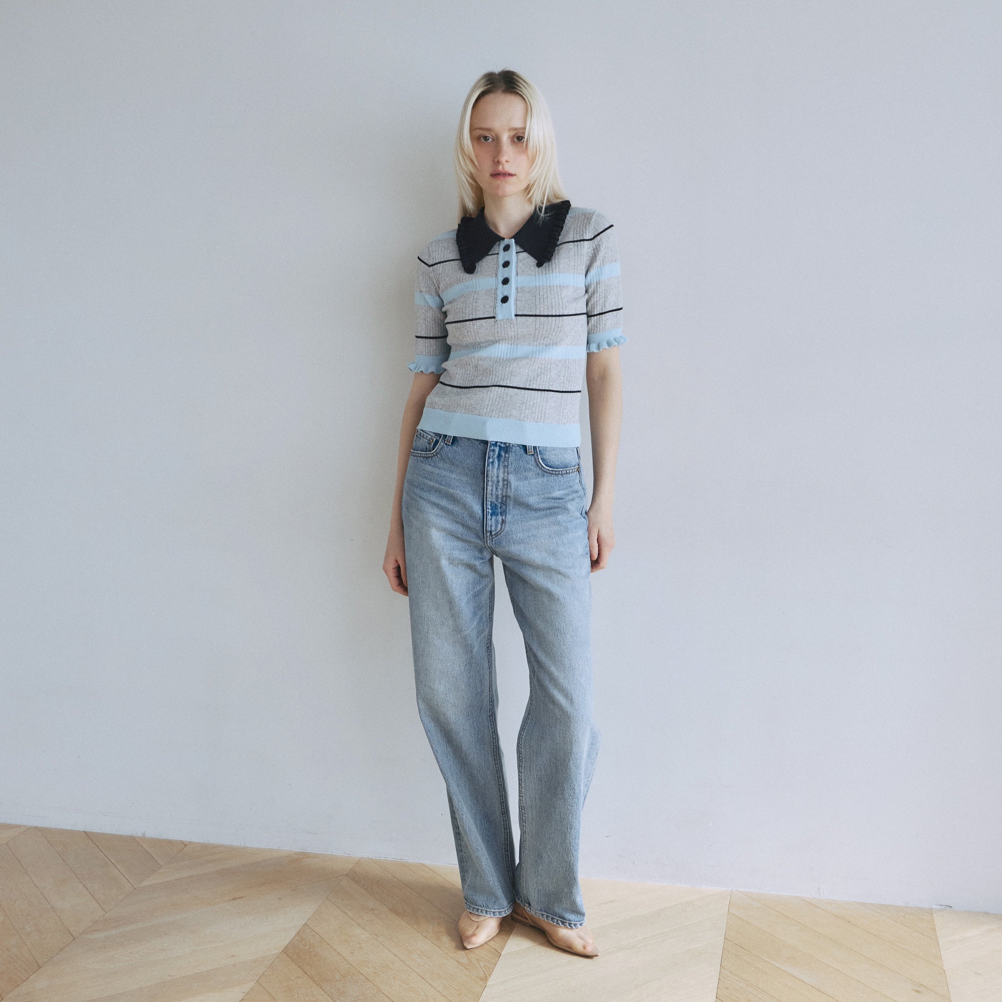 Linen combination FRILL polo top