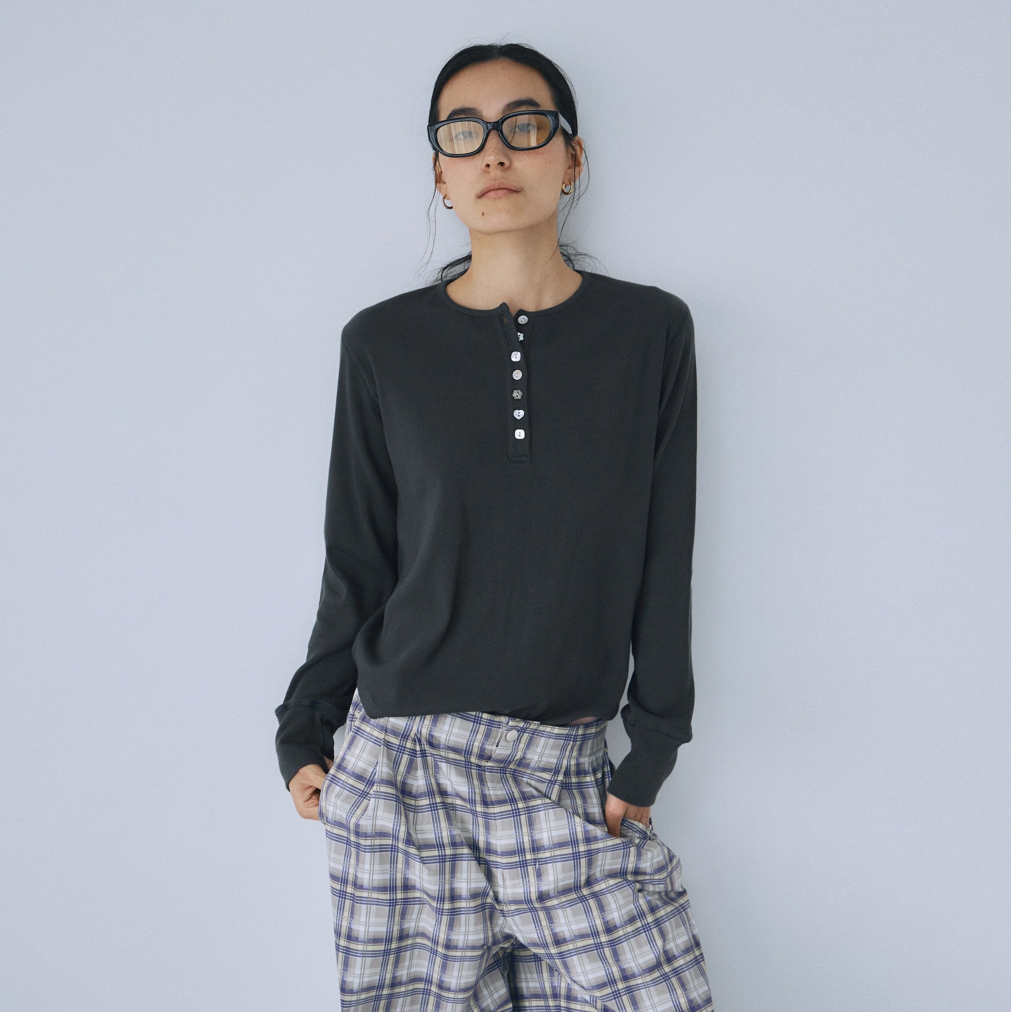 Rib Cut Random Button Henley Top