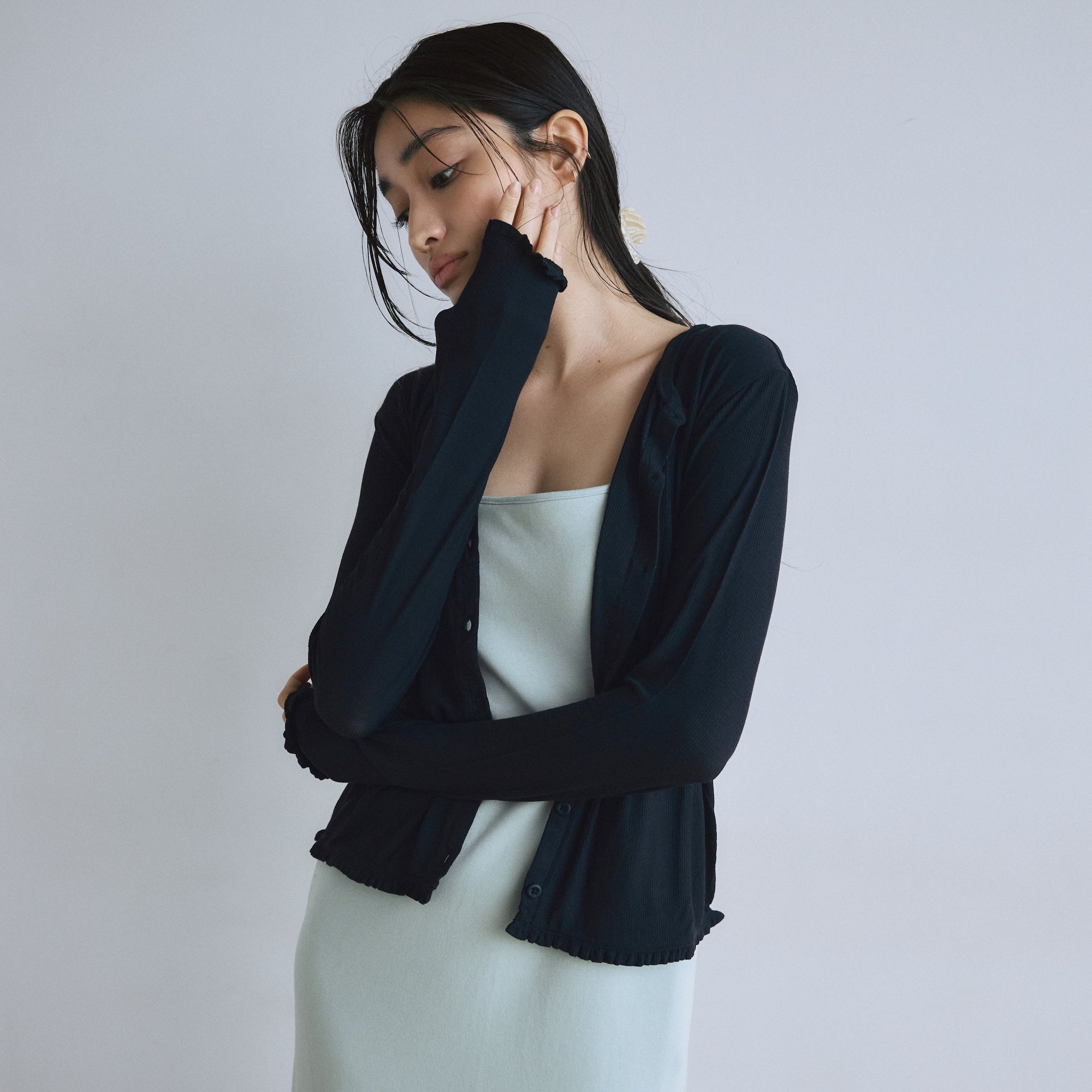 Sheer RIB Frillカーディガン