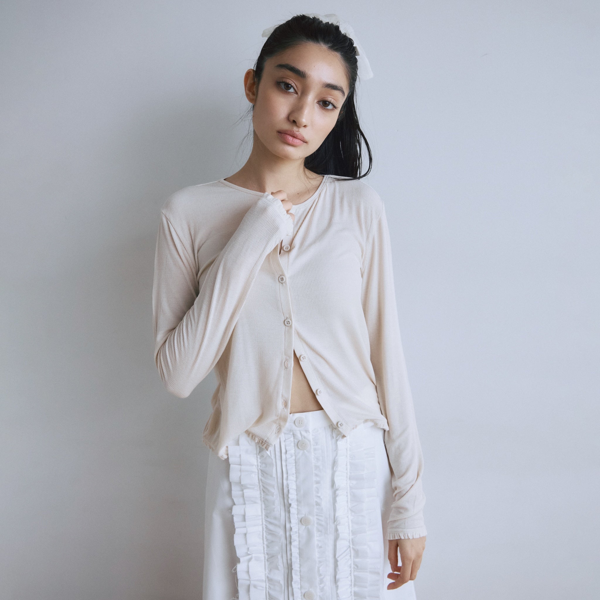 Sheer RIB Frillカーディガン