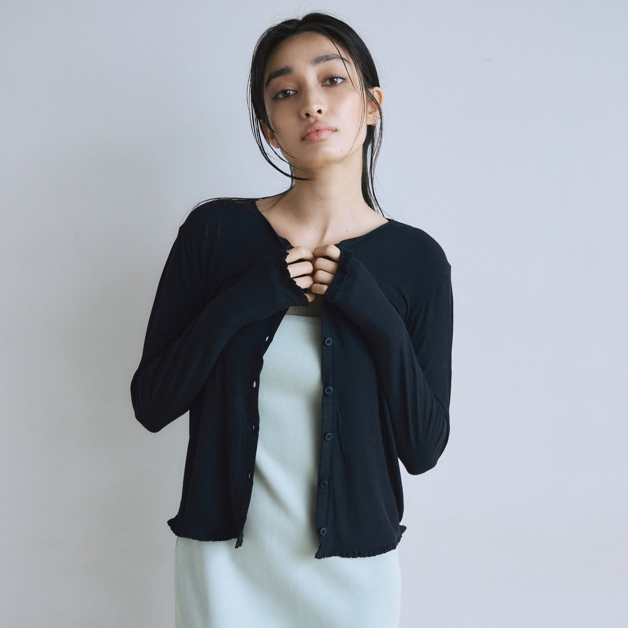 Sheer RIB Frillカーディガン