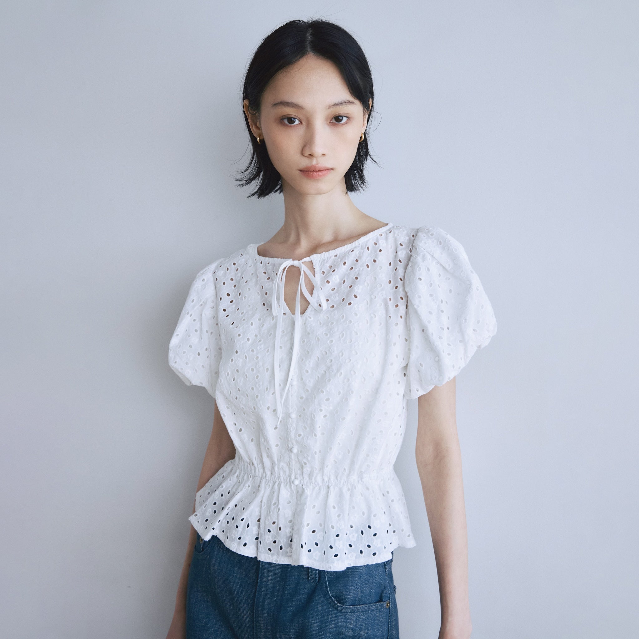 Cotton Laceパフスリーブシャツ