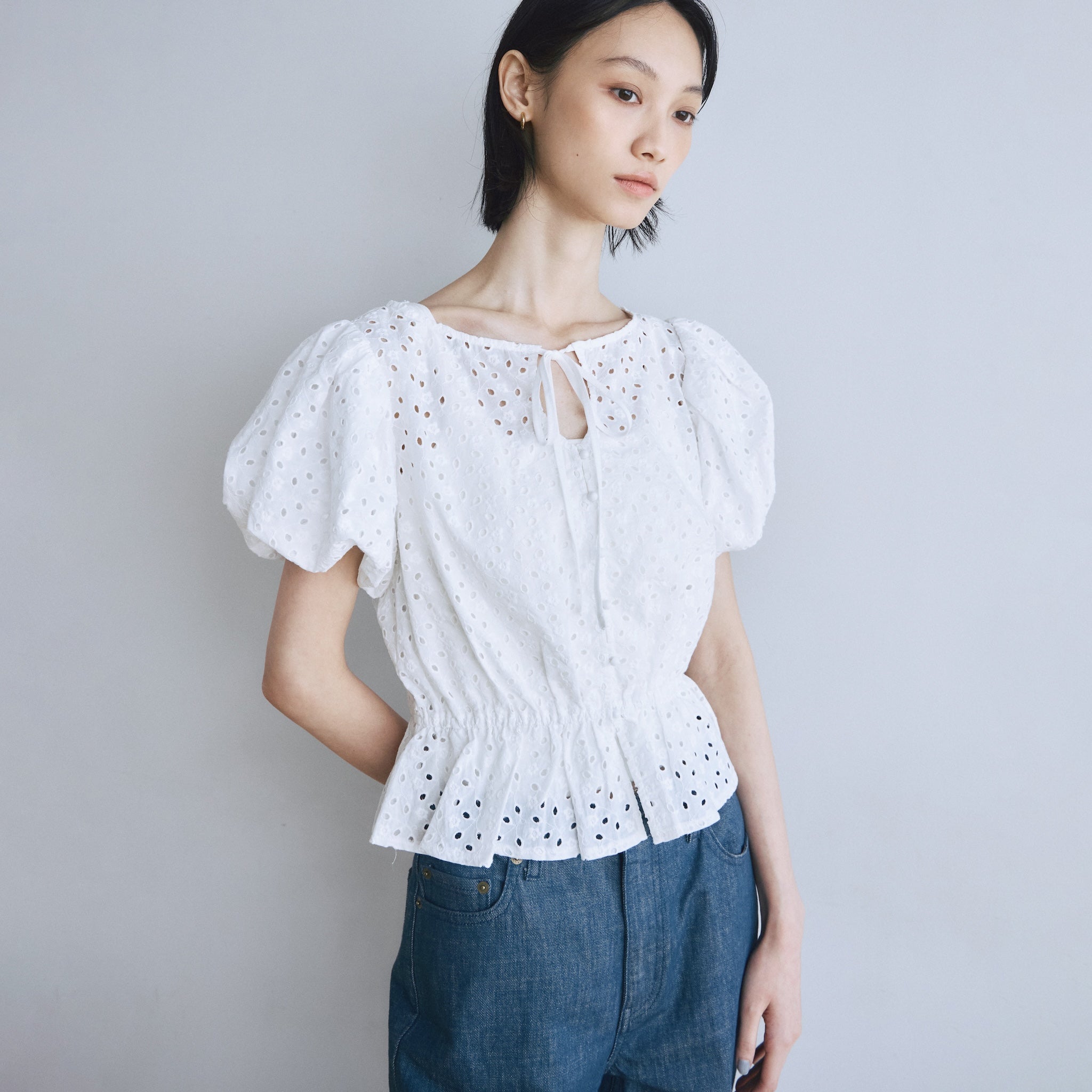 Cotton Laceパフスリーブシャツ