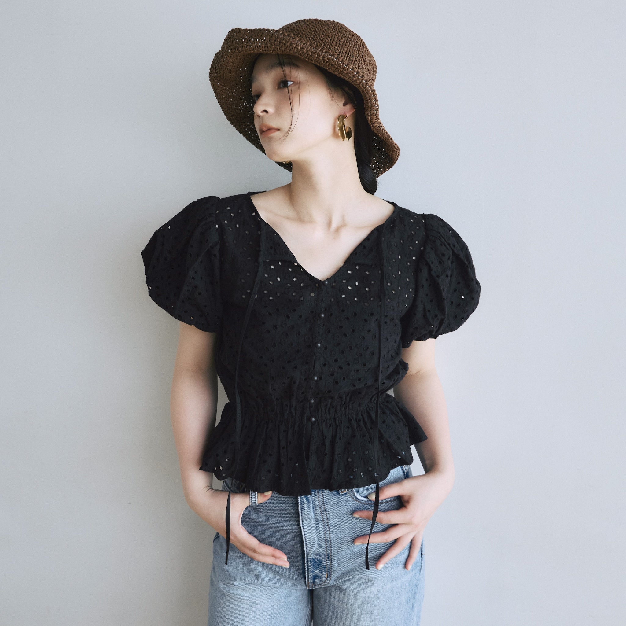 Cotton Laceパフスリーブシャツ