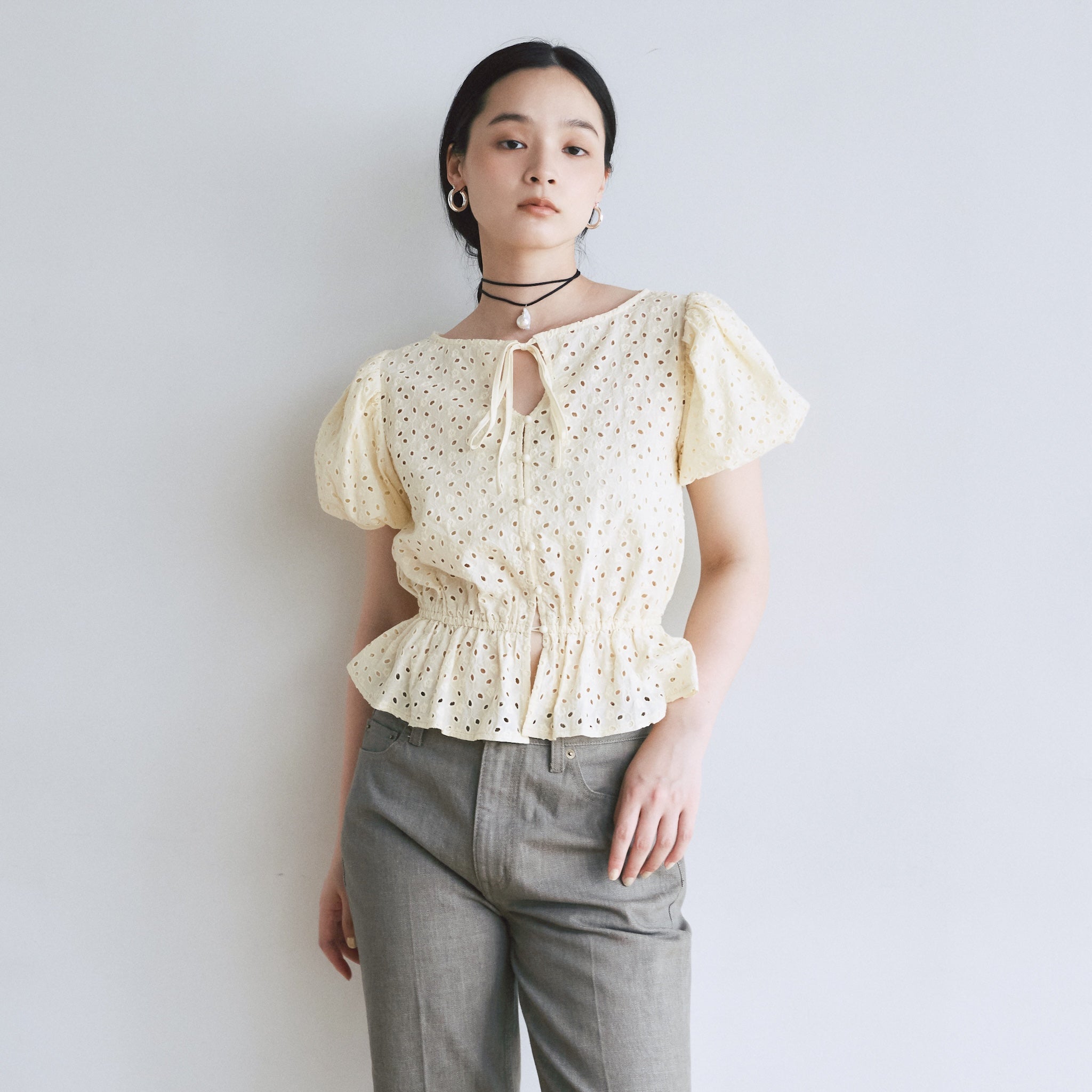 Cotton Laceパフスリーブシャツ