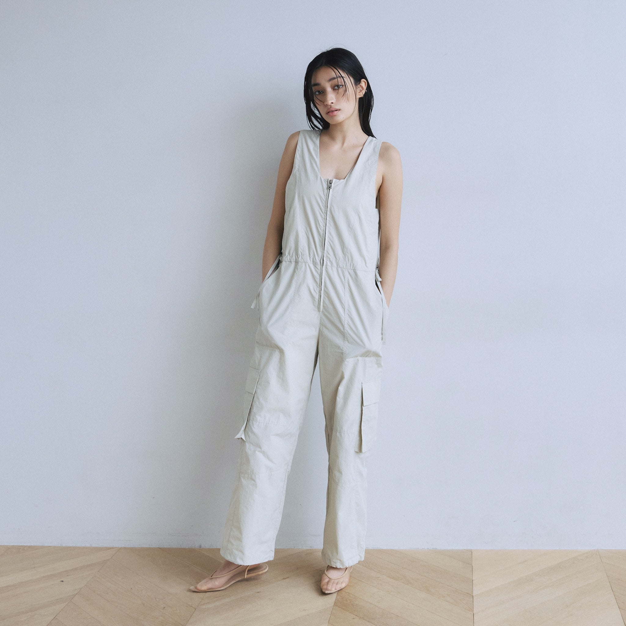 フロントZipナイロンサロペット