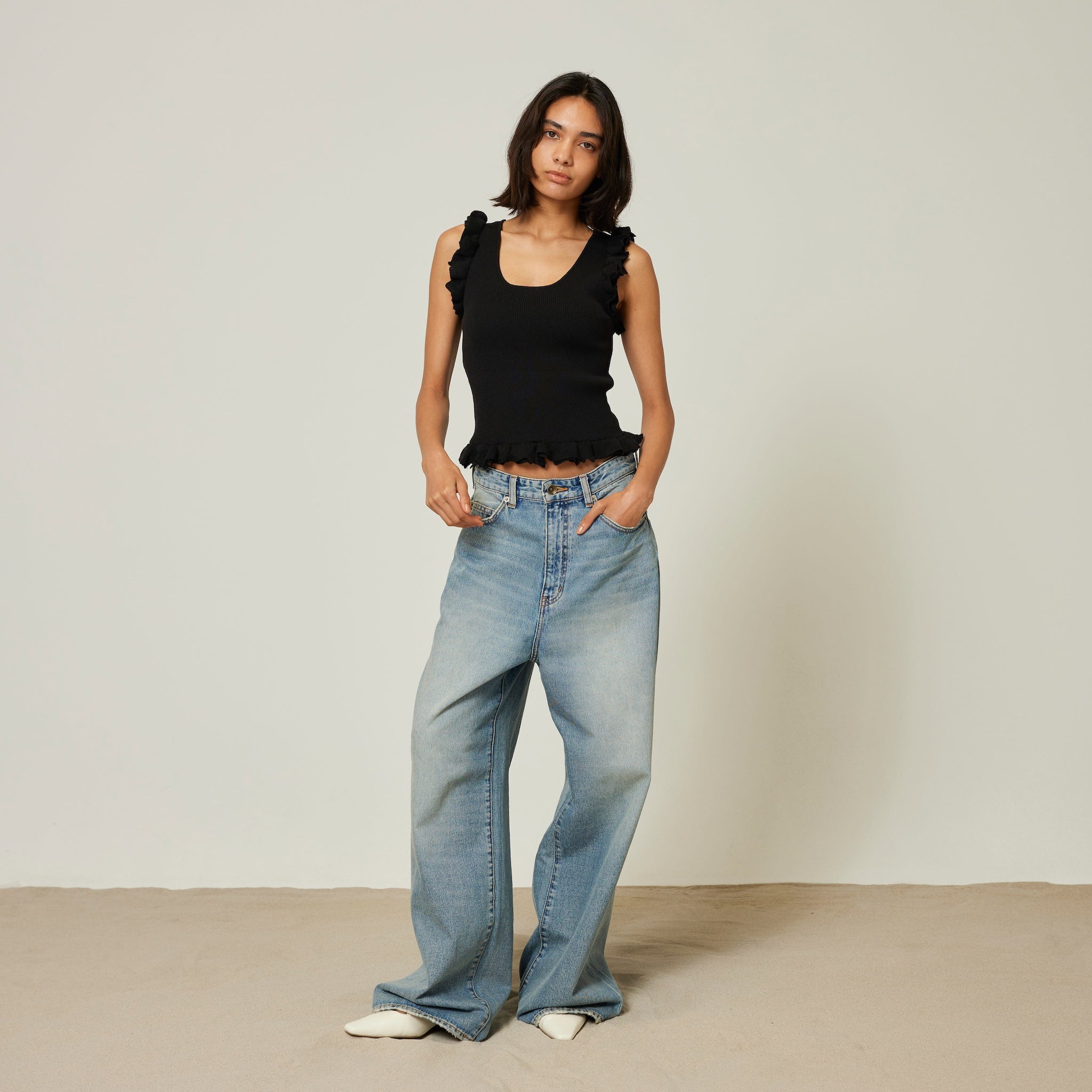 Linen combination FRILL knit top