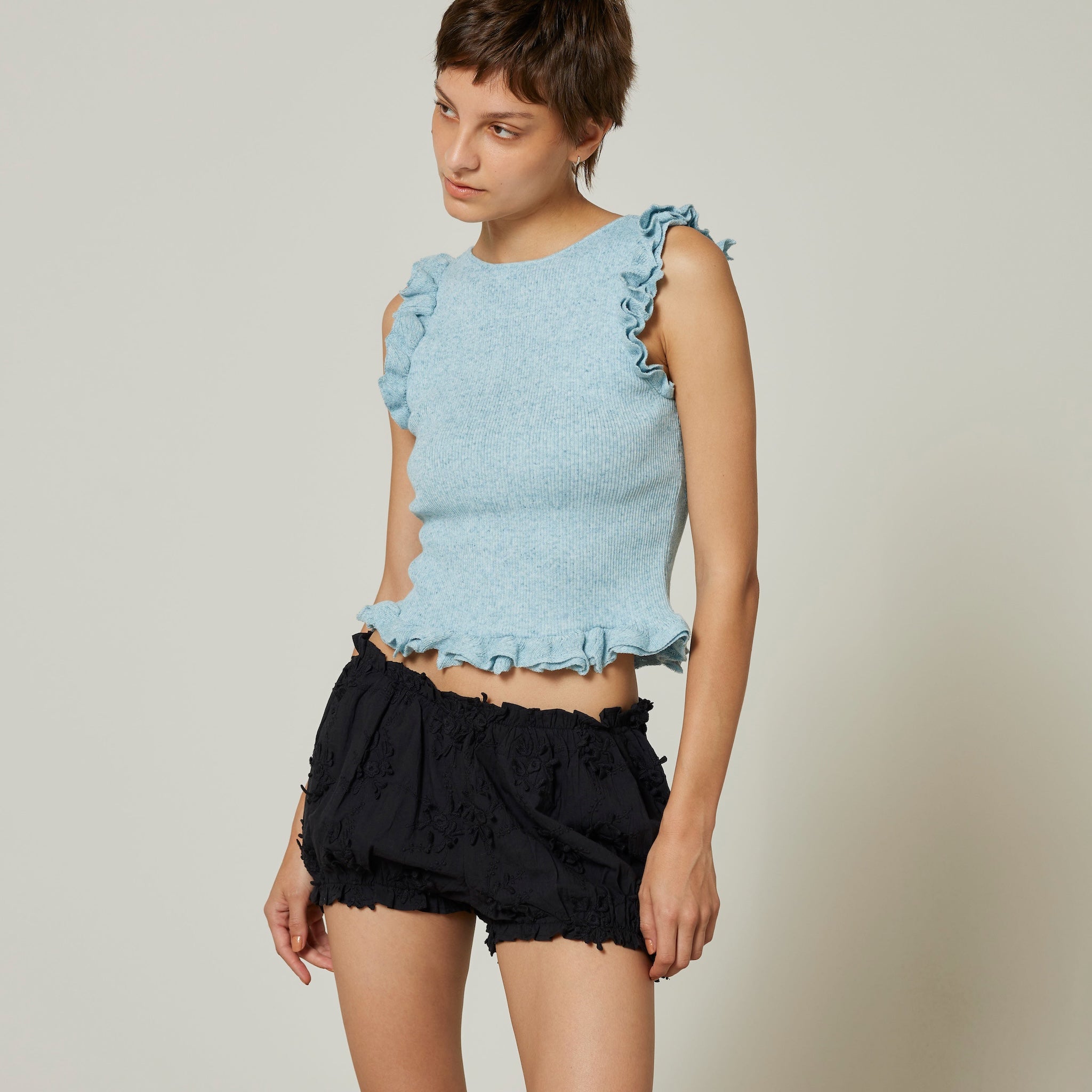 Linen combination FRILL knit top