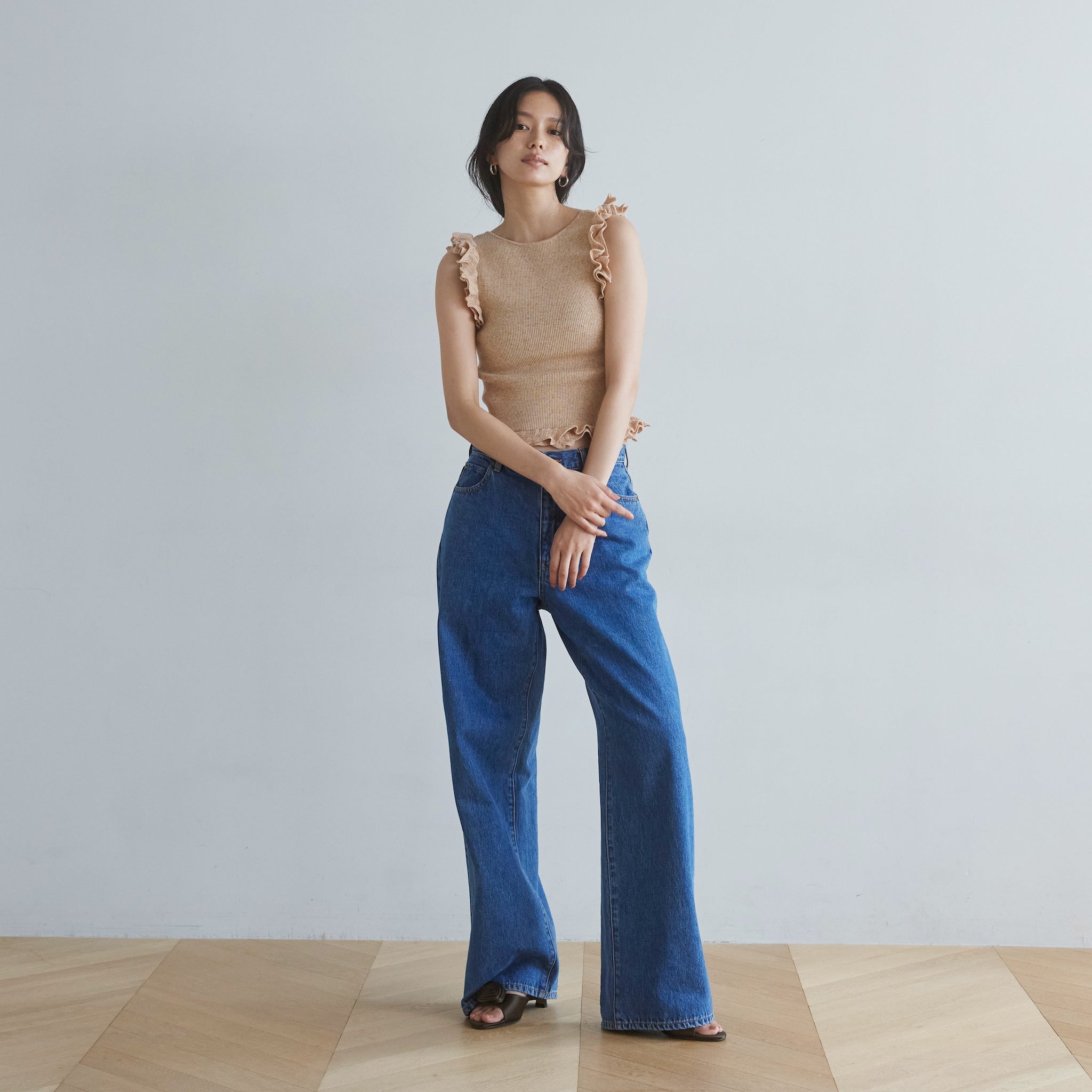 Linen combination FRILL knit top