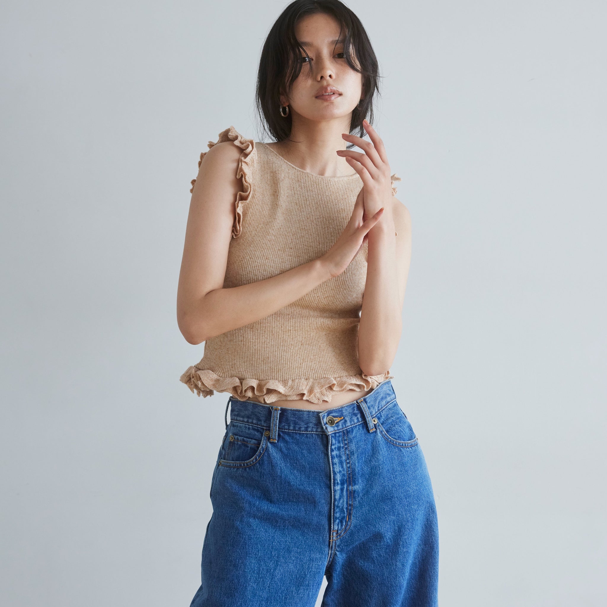 Linen combination FRILL knit top