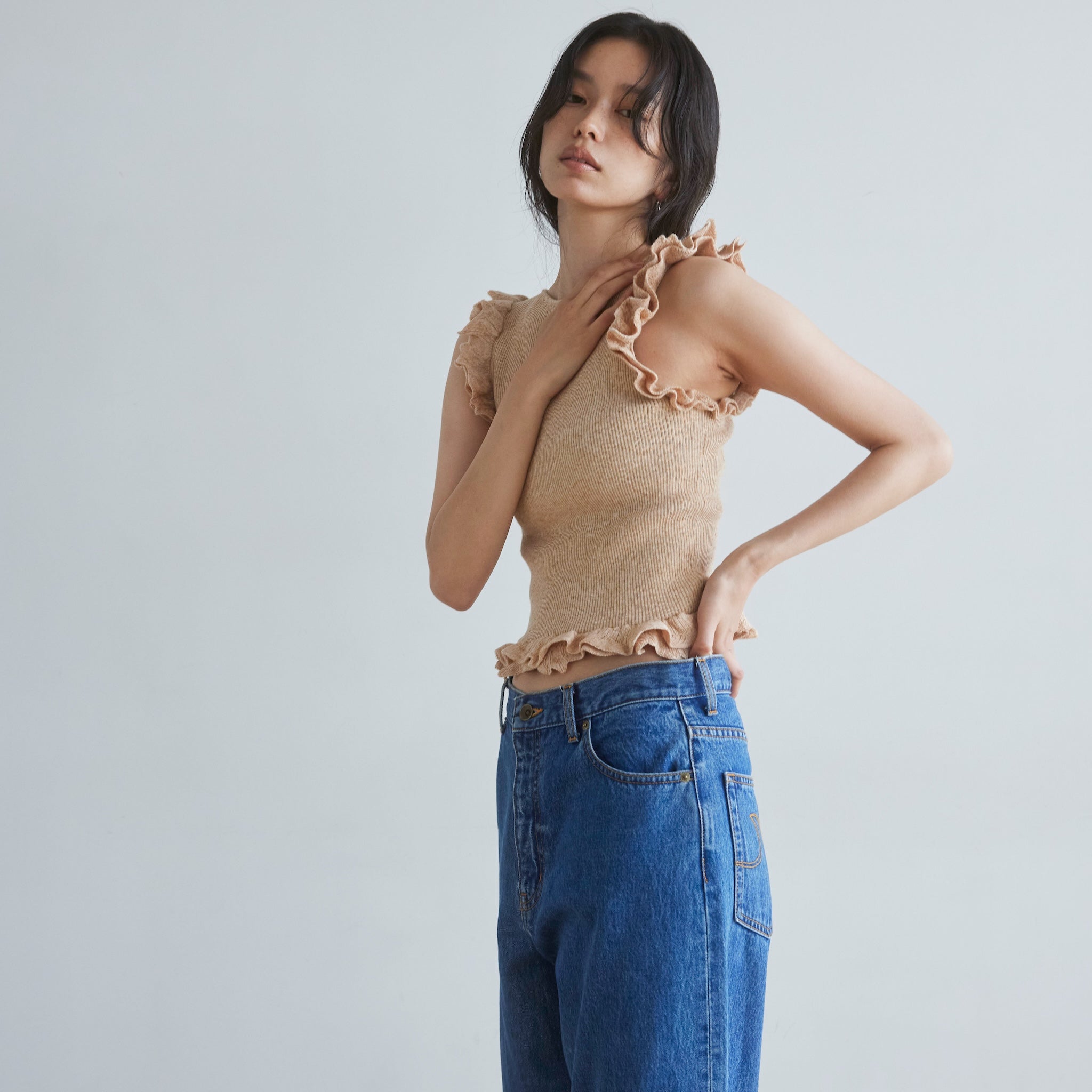 Linen combination FRILL knit top