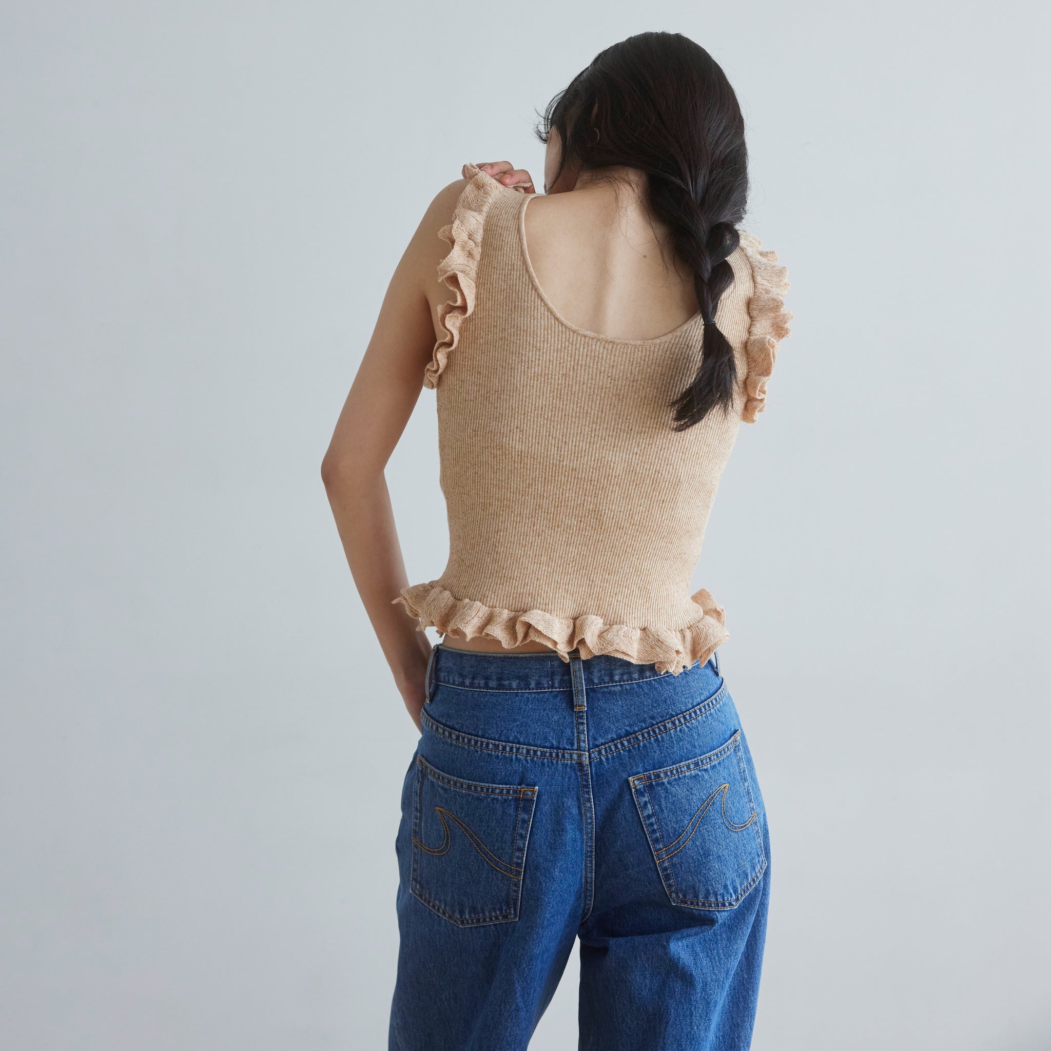 Linen combination FRILL knit top
