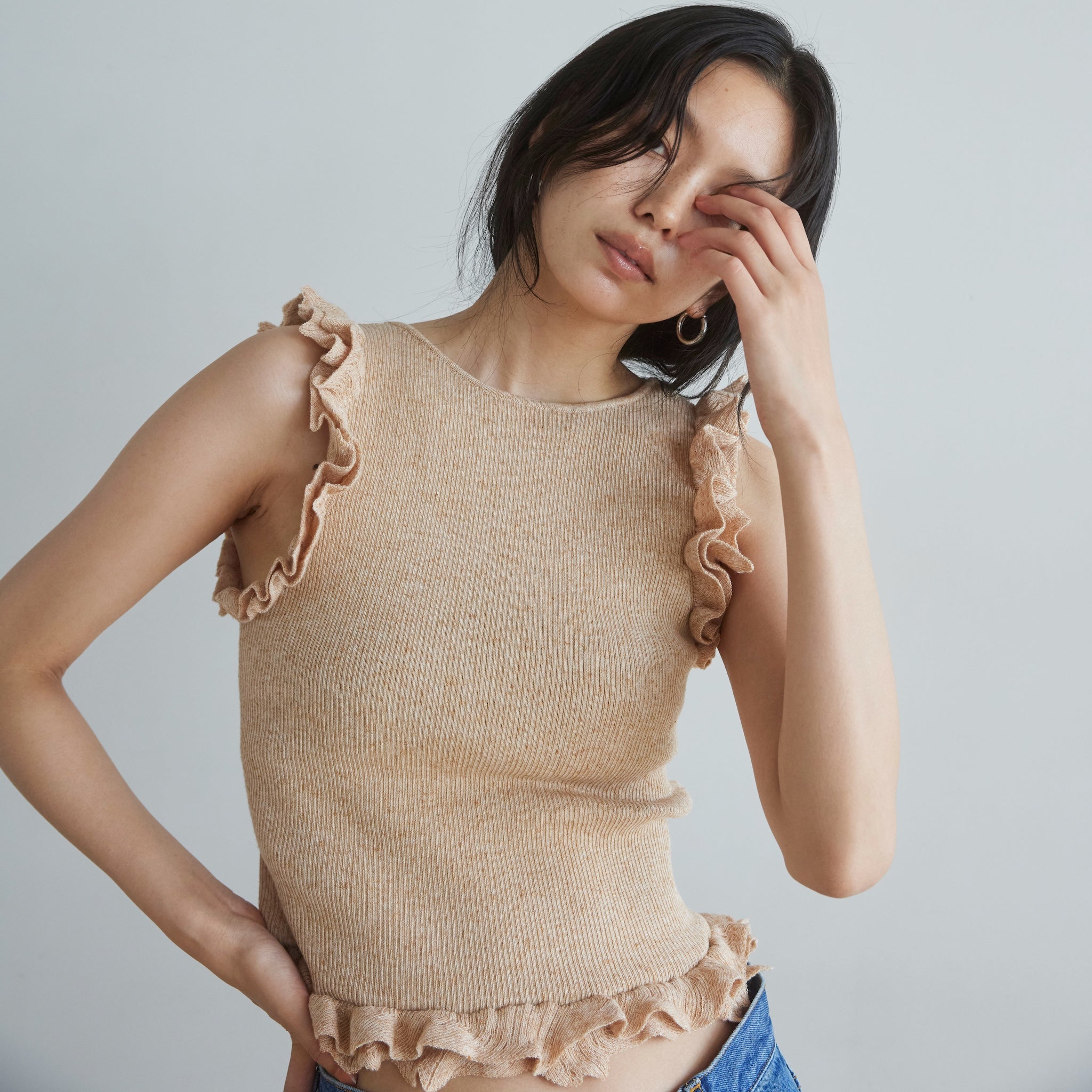 Linen combination FRILL knit top