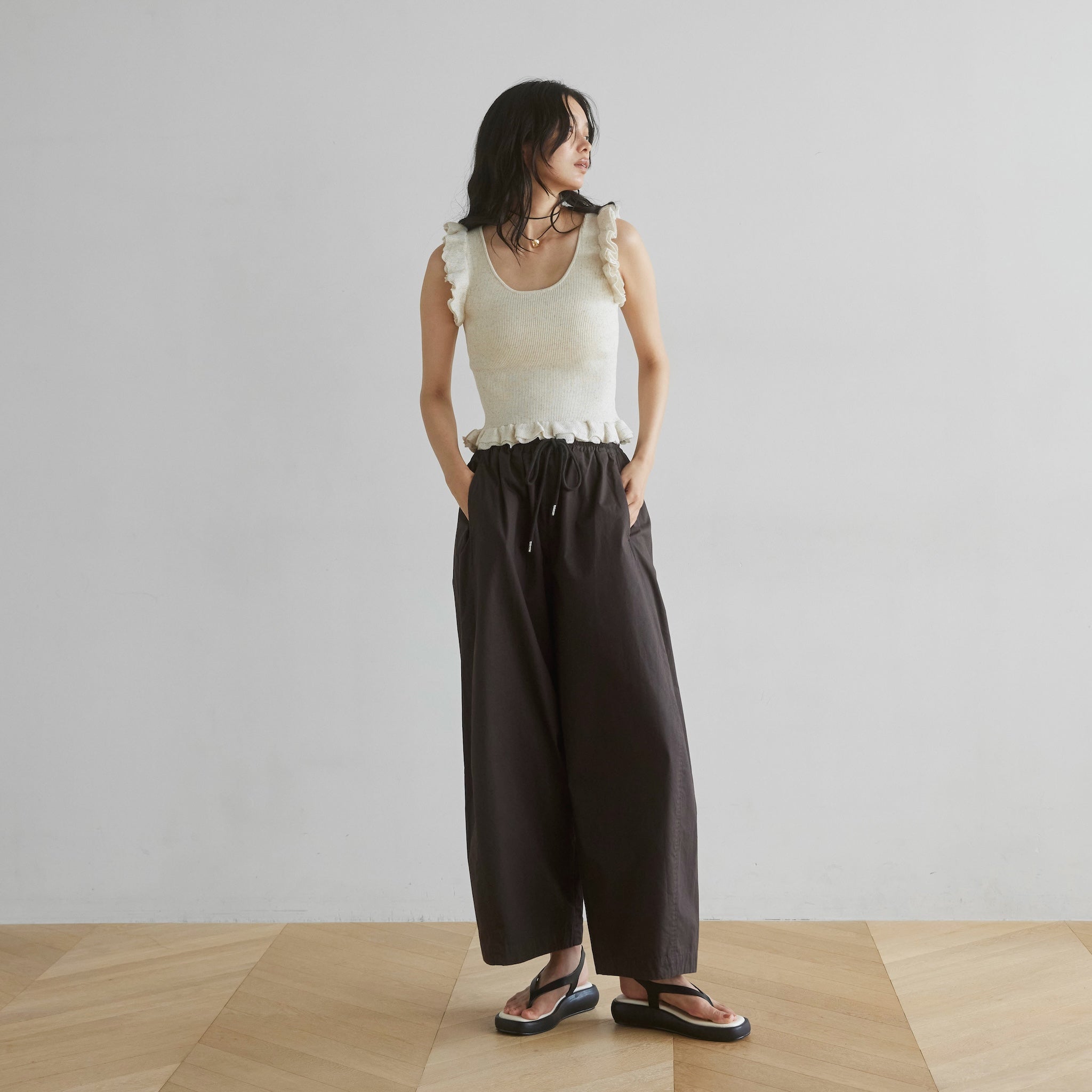 Linen combination FRILL knit top